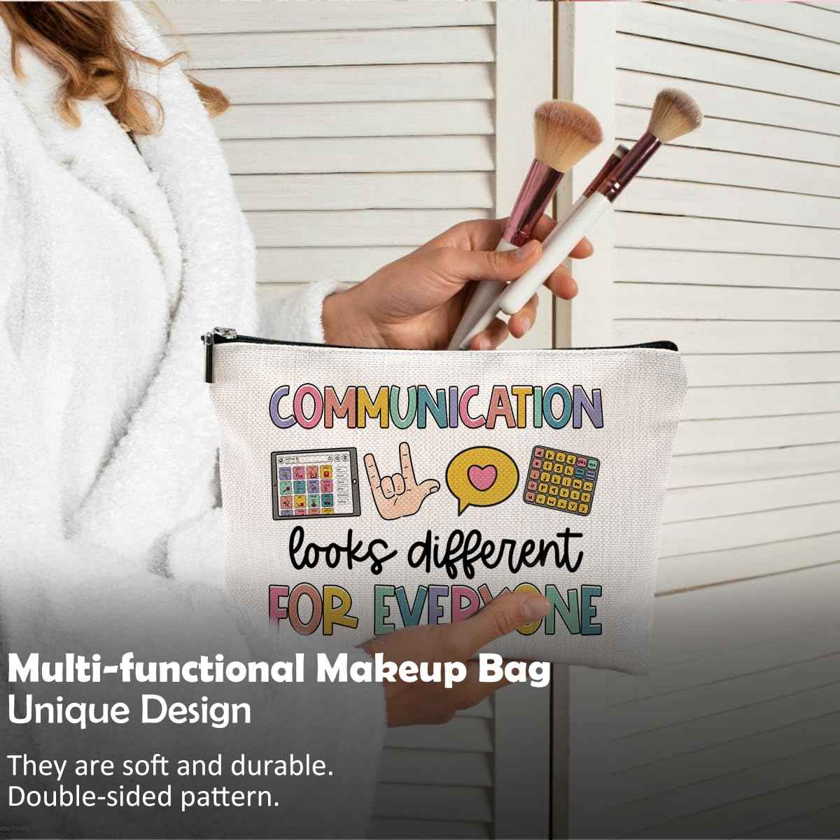 QGFM Makeup Bag for Women - Speech Therapist & SLP Gifts, Communication Looks Different for Everyone Cosmetic Bag for Purse