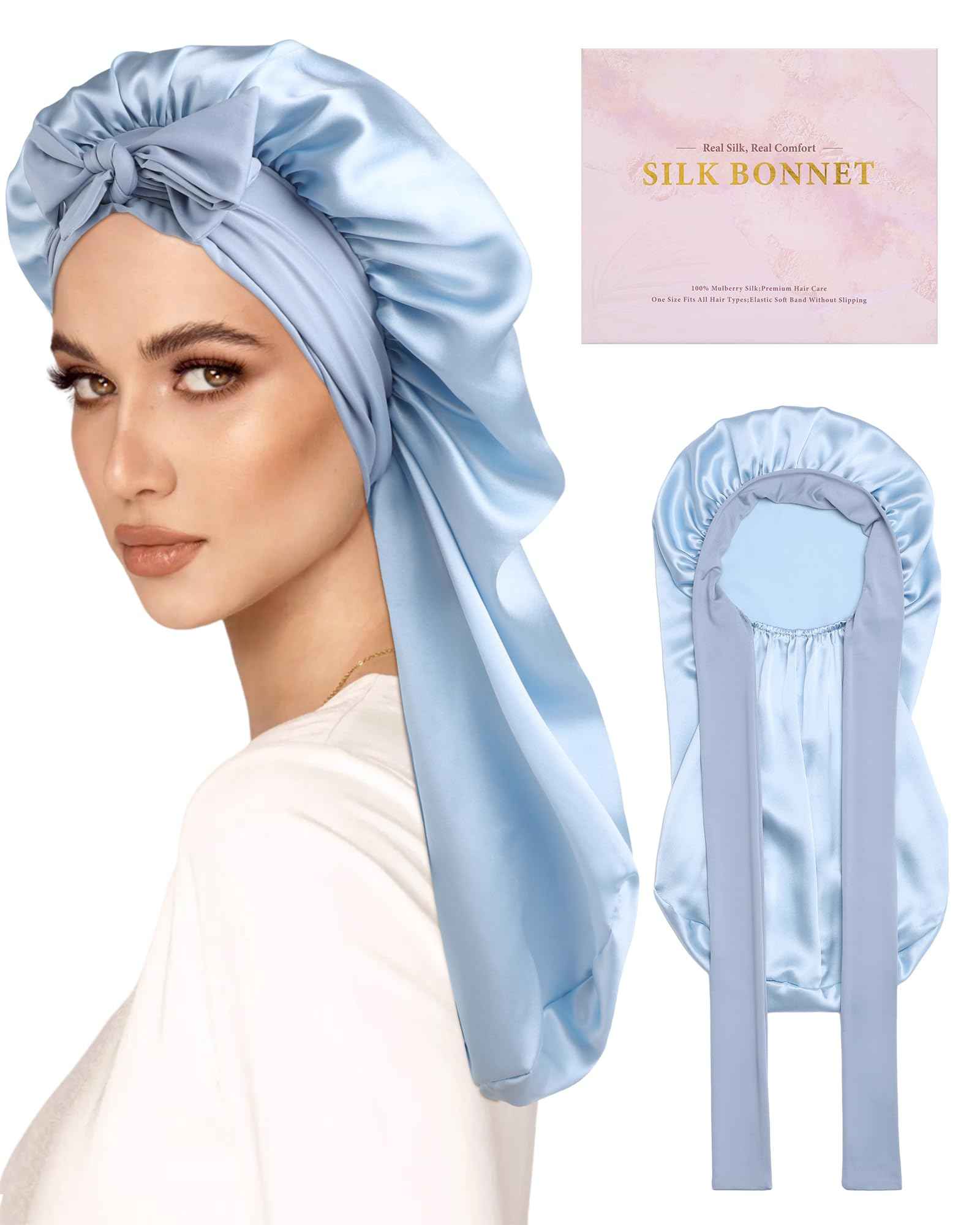 AWAYTR Long Silk Bonnet for Sleeping - 100% Mulberry Silk Bonnet for Women Long Hair Sleep Cap with Elastic Tie Band (Sky Blue)