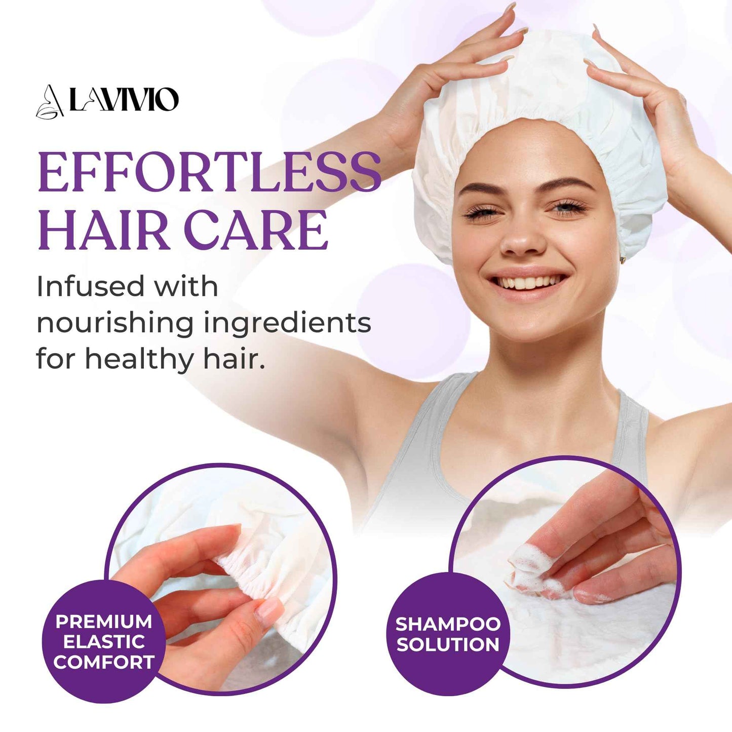 LAVIVIO No Rinse Shampoo Caps – Waterless Hair Washing Shower Caps for Bedridden Patients, Elderly & Hospital Use – Disposable Rinseless Conditioning Bathing Supplies with Aloe Vera, Vitamins - 6 Pack