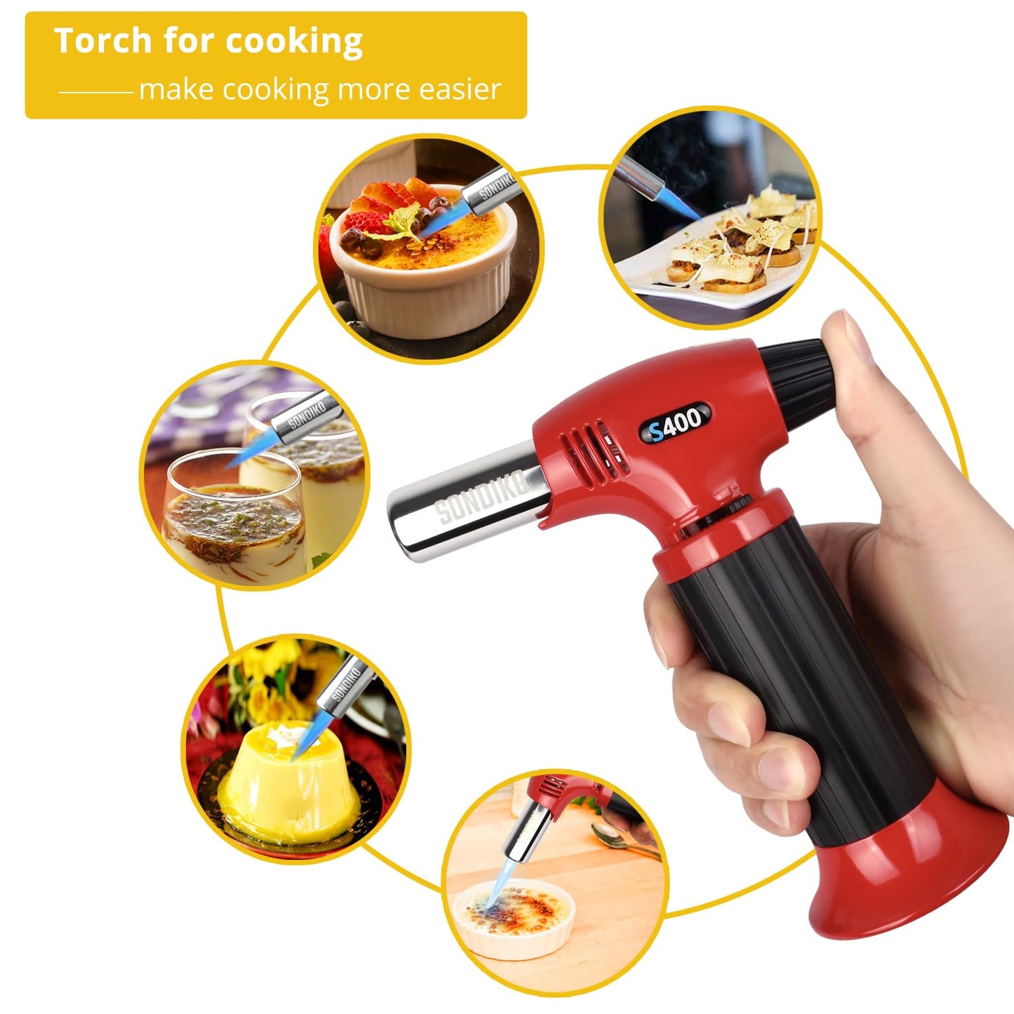 Sondiko S400 Butane Torch, Refillable Kitchen Lighter with Safety Lock, Adjustable Flame for Creme Brulee, Baking—Red