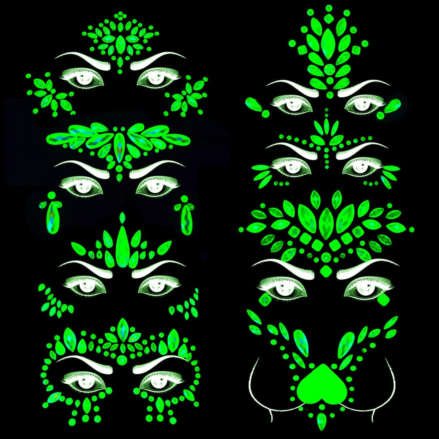 Meredmore 8Sets Glow in the Dark Face Gems Jewels Rave Noctilucent blacklight UV Body Stickers Luminous tattoos mermaid accessories pasties makeup for Women Halloween Festival