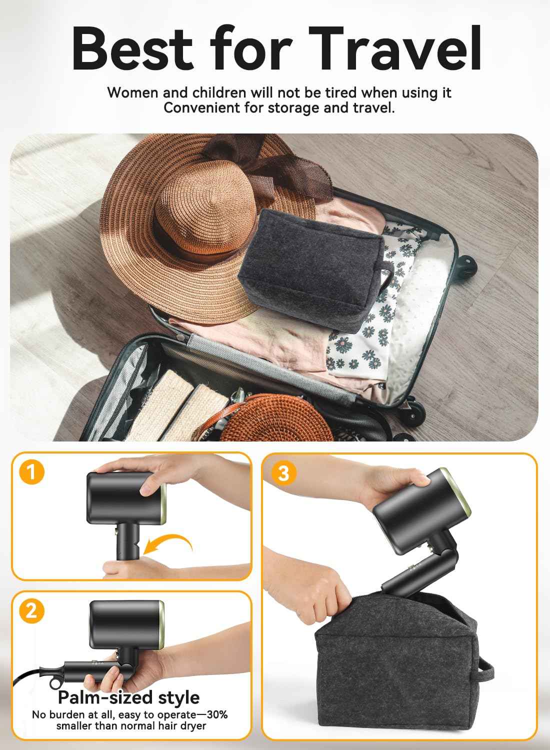 Hair Dryer, 150000RPM Ionic Blow Dryer - Fast Drying, Low Noise, Foldable Portable with Diffuser and Nozzle, Compact Mini for Women and Men, Home and Travel （Black）