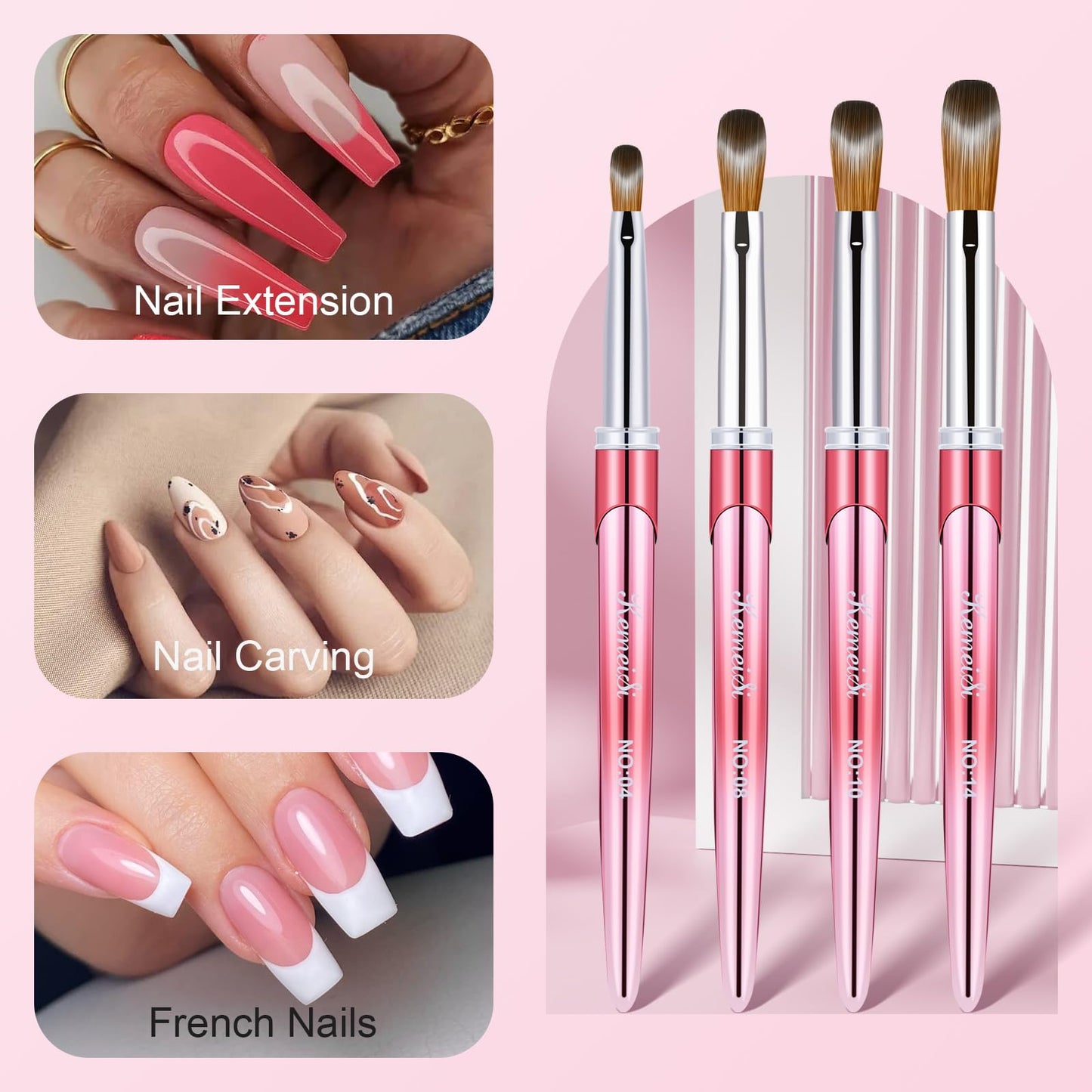 KEMEISI 4PCS Acrylic Nail Brush Set, Size 04/08/10/14 Kolinsky Nail Art Brushes for Acrylic Application, Sturdy Handle Oval Shaped Acrylic Powder Nail Design Tools for Professional Manicure DIY Home