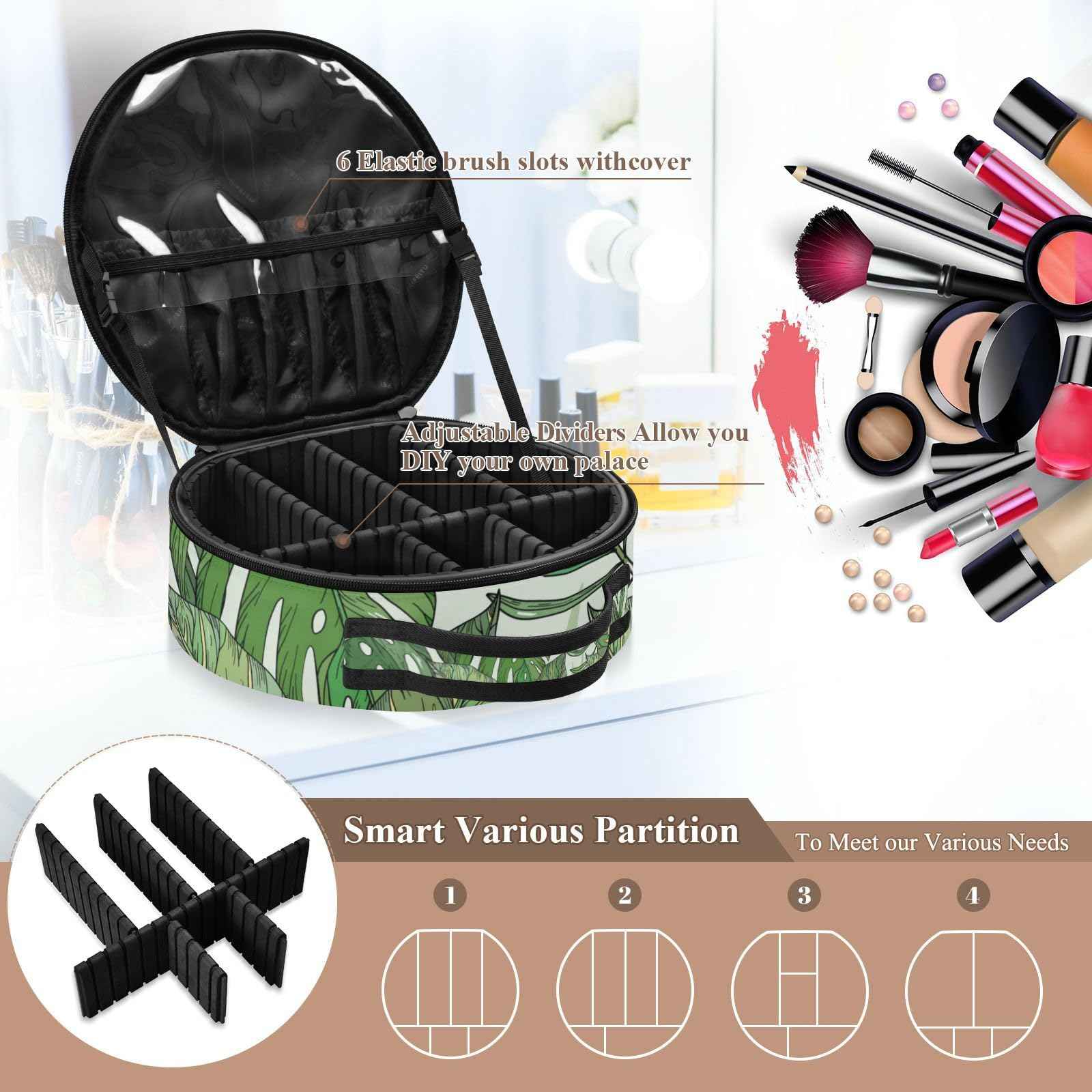 senya Round Cosmetic Pouch Travel Makeup Train Case Tropical Palm Leaves Makeup Organizer Bag with Adjustable Dividers Portable for Cosmetics Makeup Brushes Toiletry Jewelry Accessories