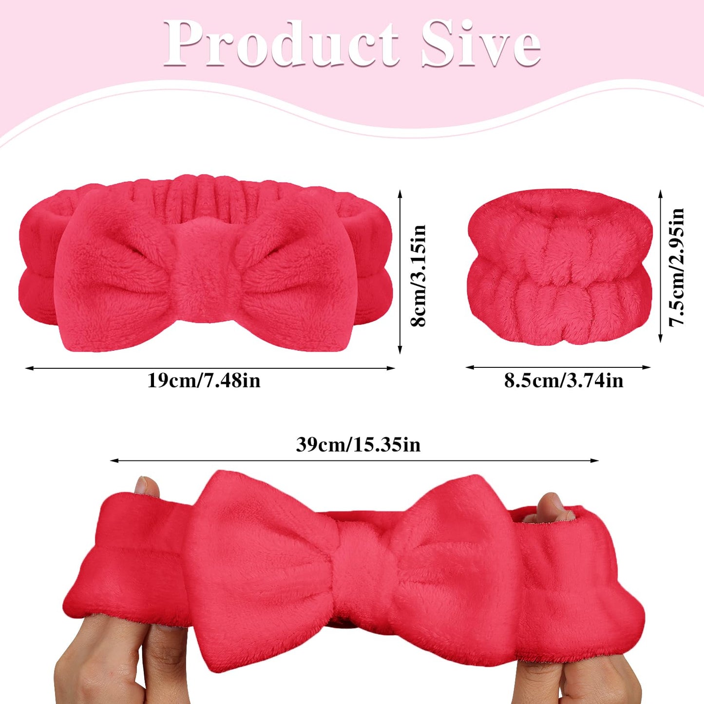 BLAAROOM 3PCS Bow Face Wash Headband and Wristband Set,Soft & Absorbent Spa Headband for Women Makeup Skincare Washing Face - Red