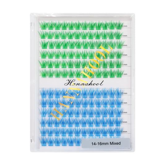 Hannahool 12rows-Large Tray Mixed 8-10-12-14-16mm/Mixed 14-15-16mm/Mixed14mm-16mm/Mixed 18-20mm Wide Stem Individual False Eyelashes Dramatic Black Cluster Eyelashes (LC07-Green-blue-14-16mm)