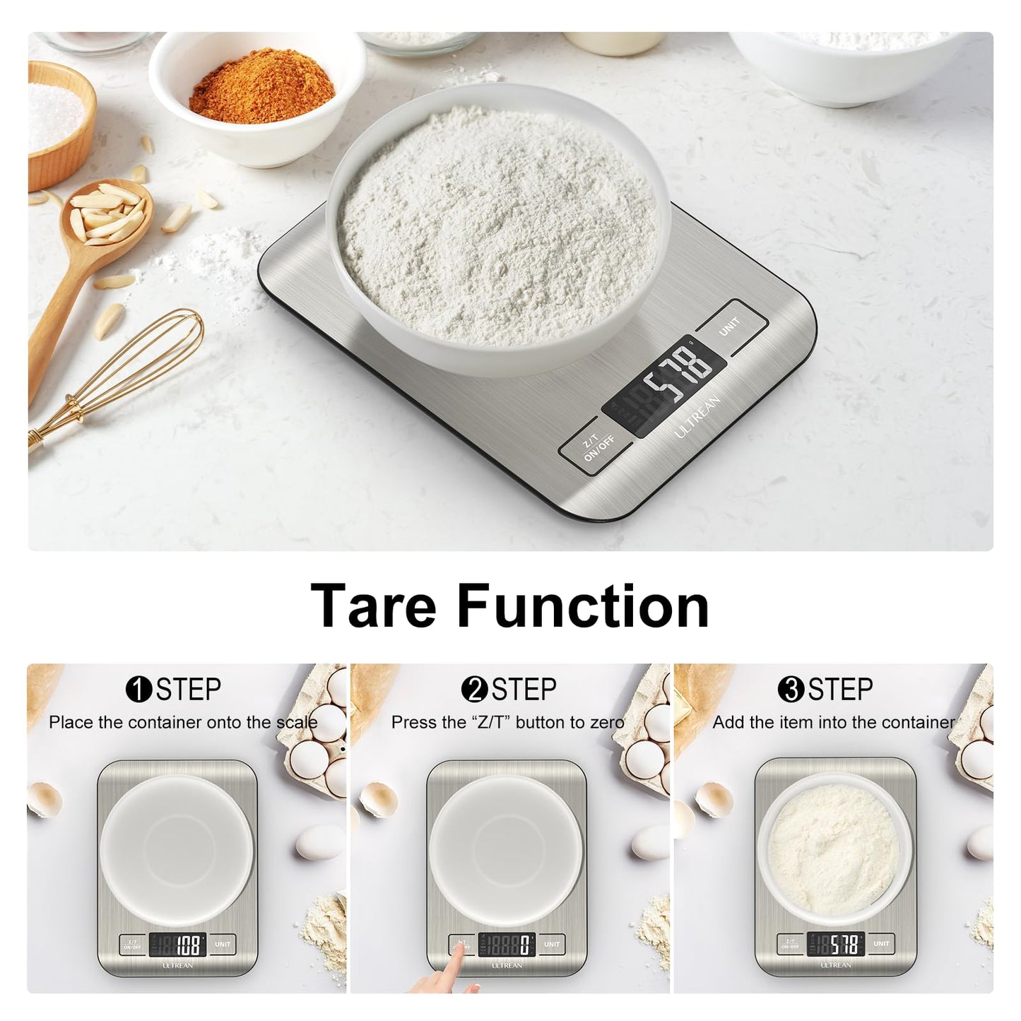 Ultrean Digital Kitchen Scale,Mechanical Cooking Scales Weight Grams and Ounces for Baking Cooking and Meal Prep, 5 Units with Tare Function, 15kg/33lb (Batteries Included)