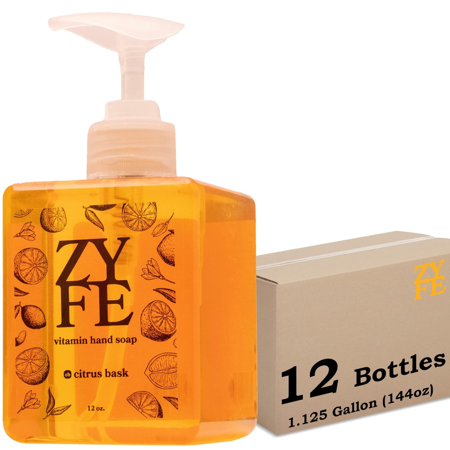 ZYFE 12 Bottle Case of Vitamin Hand Soap - Liquid Hand Soap Value Pack Deal - Natural Plant Derived Moisturizing Handsoap with Essential Oil Fragrance Citrus Bask- Wholesale Carton