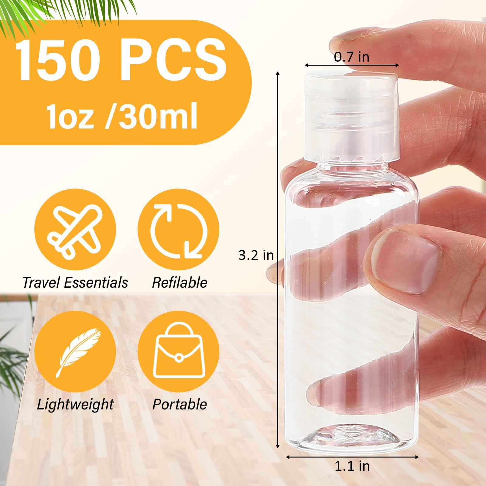 Mimorou 150 Pcs 1oz Travel Bottles Bulk for Toiletries Clear Small Travel Size Bottles Bulk Refillable Empty Containers for Shampoo Lotion Liquid Body Soap Cream Toiletries