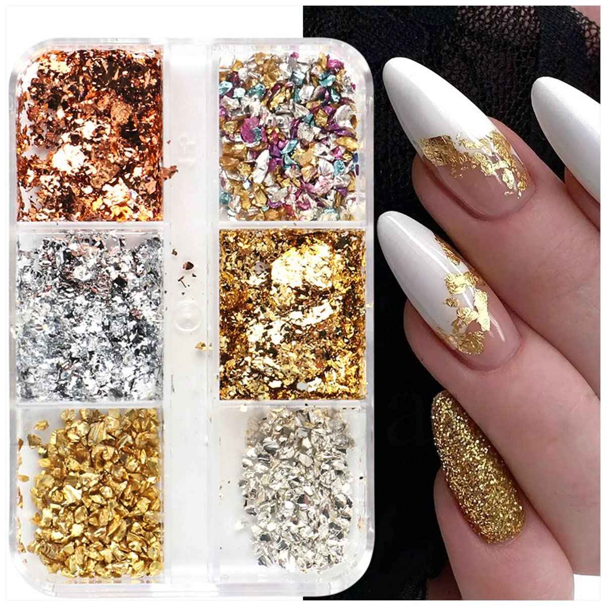 6 Grids Metallic Nail Art Foil Flakes, Gold Nail Glitter, Holographic Sequins, 3D Sparkly Aluminum Foil, Silver Nail Supplies for Women Girls