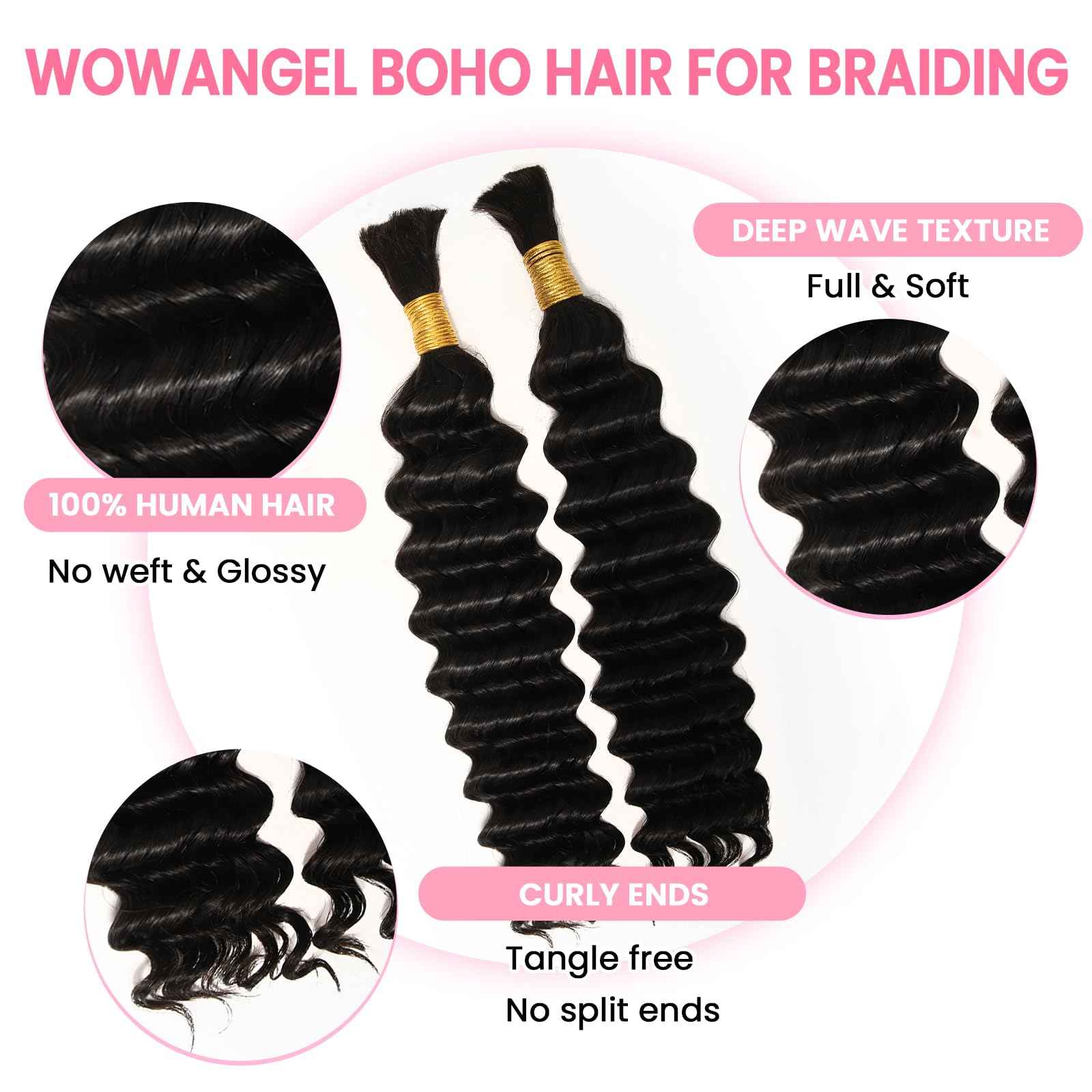 WOWANGEL Human Braiding Hair For Boho Braids 100g,100% Unprocessed Brazilian Virgin Hair, 12A Deep Wave Knotless Bohemian Bundles, Curly Hair Extensions,2 Bundles,Natural Black(1B),16 Inch