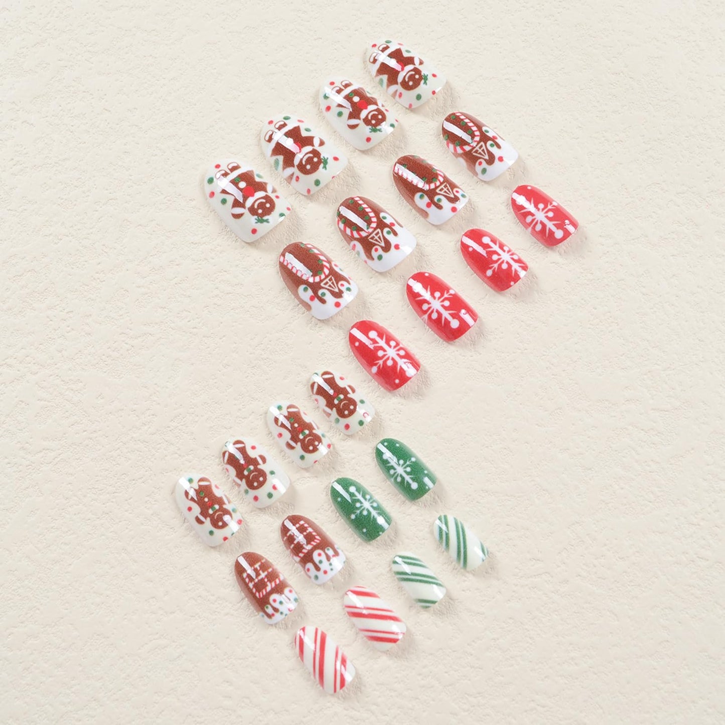 Christmas Cute Nails Press on Nails Short Oval Fake Nails with Designs Snowflake Gingerbread Man Candy Canes House Full Cover Acrylic Almond False Nails Winter Glue on Nails for Women and Girls 24Pcs