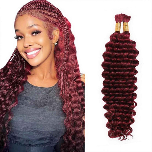 Dabork Human Braiding Hair 24 Inch 100g 2 Bundles/Pack Bulk Deep Wave No Weft Human Hair for Boho Box Braids Extensions 99J Burgundy