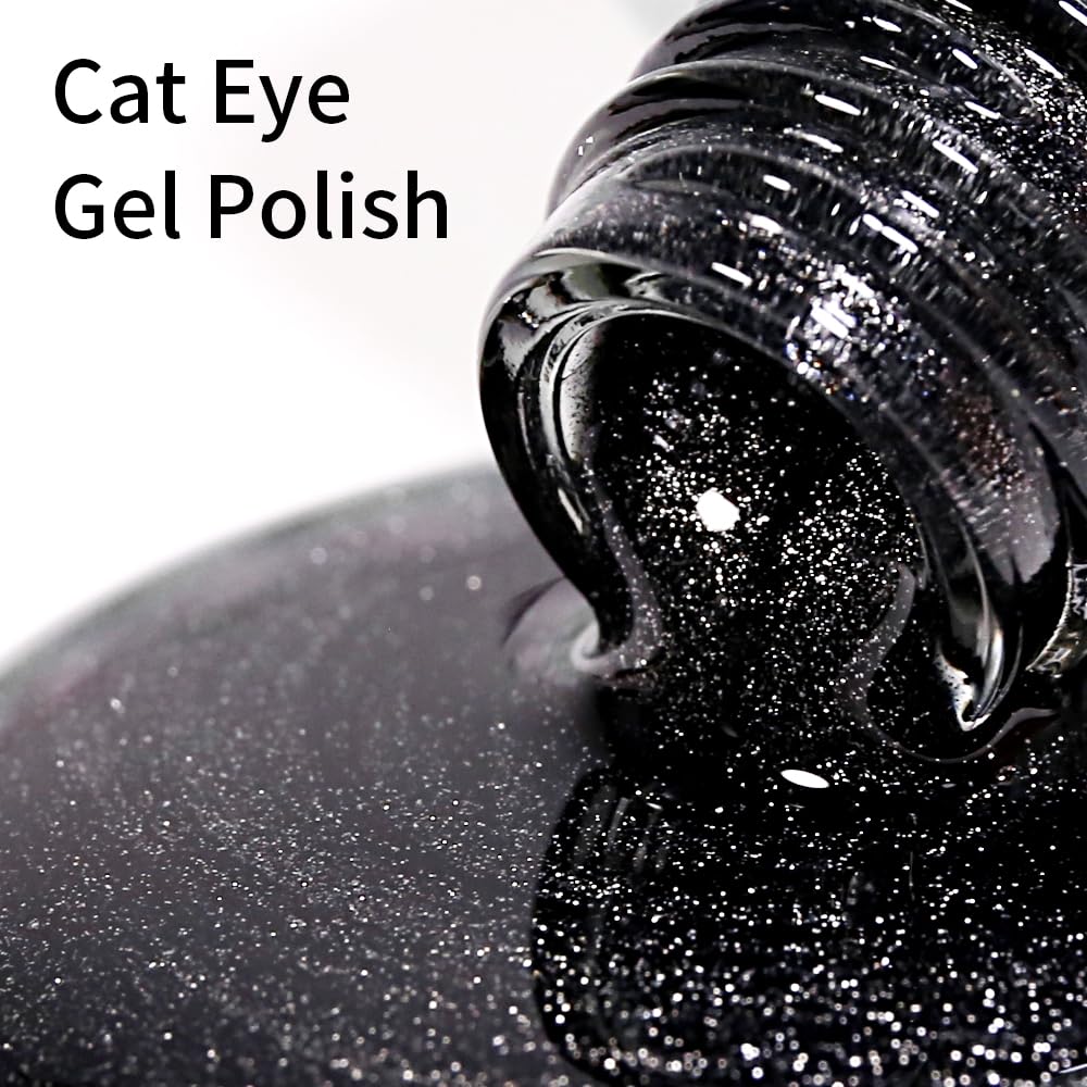 Firedeep Black Cat Eye Gel Nail Polish, 16ml Glitter Black Magnetic Gel Polish Holographic UV/LED Gel Polish with Magnetic Stick