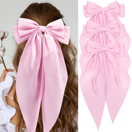 CHANACO Pink Bow Hair Accessories - Silky Satin Oversized Long Tail Bows for Women, Girls, and Teens - Trendy Coquette Gift Set