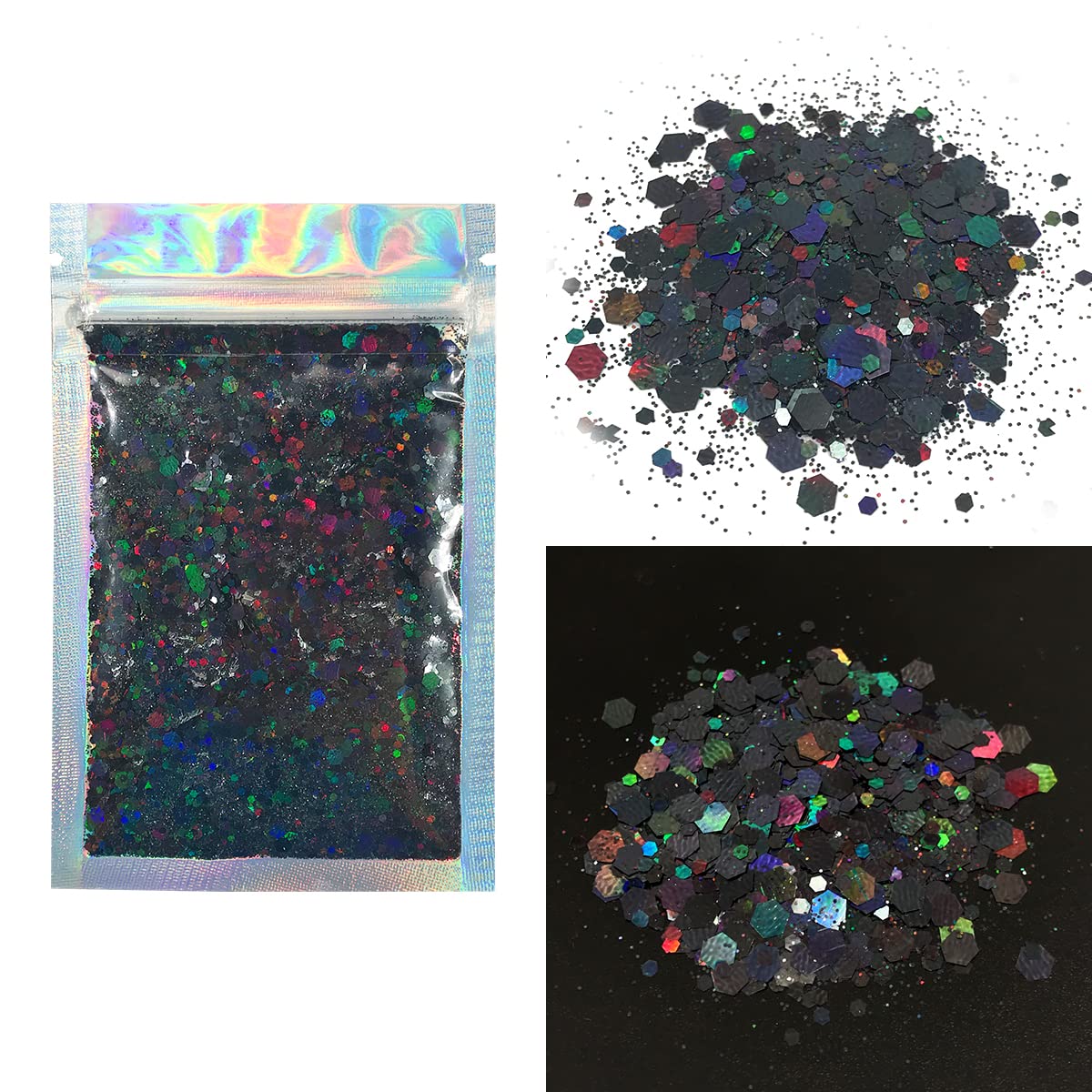 Black Glitter - 15G Chunky Face Glitter, Hair Glitter, Eye Glitter and Body Glitter. Rave Glitter, Festival Accessories, Cosmetic Glitter Makeup. Loose Glitter Set