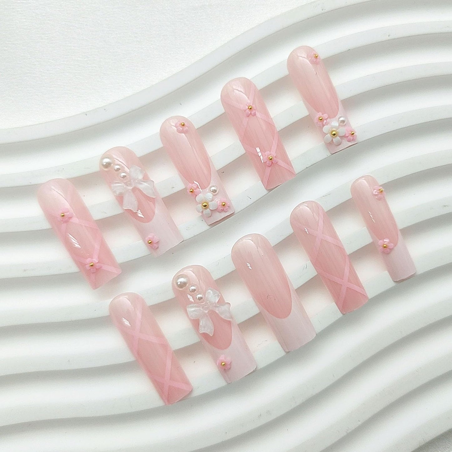 White French Tip Press on Nails Long Square Acrylic Nails, Flowers & White Bows Fake Nails Light Pink Translucent Glue on Nails Luxury Pearls & Glossy Stick on Nails for Women 24Pcs