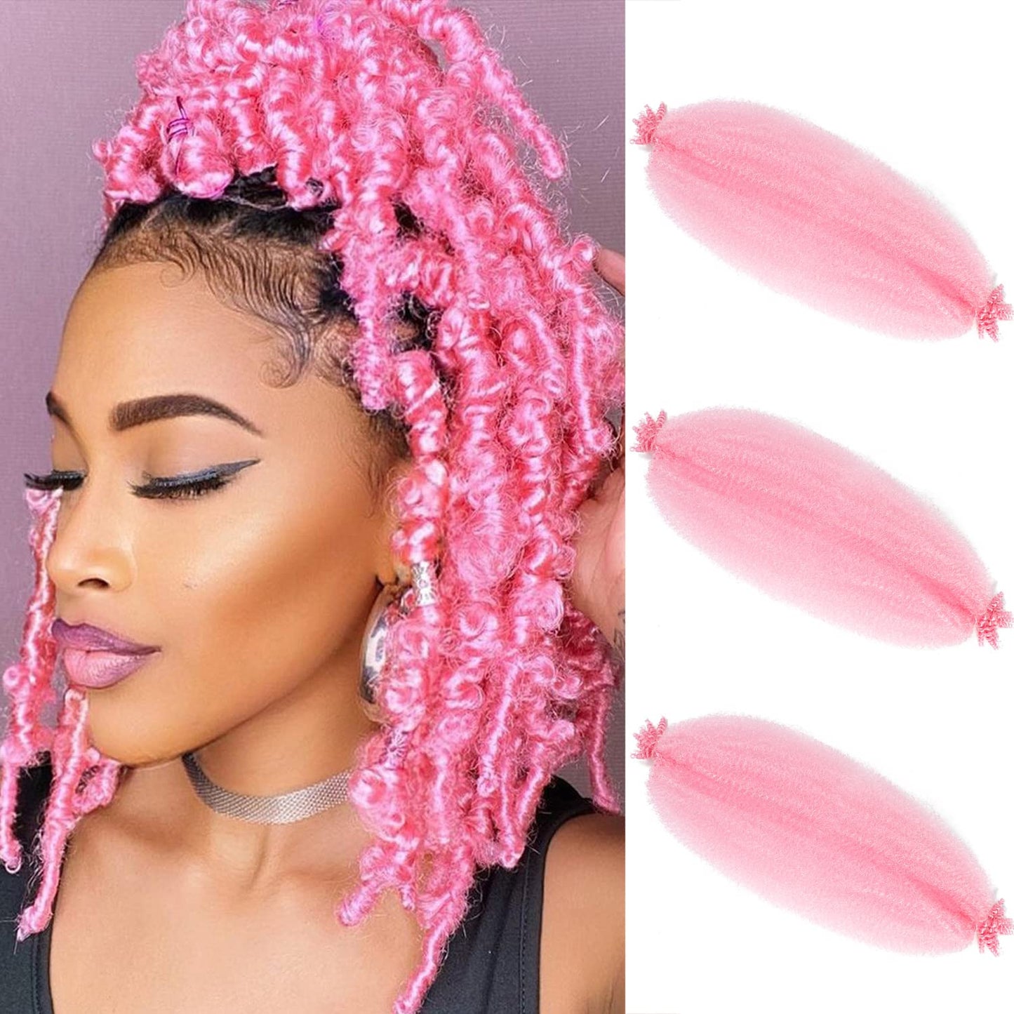 Springy Afro Twist Hair 12 Inch 3 Packs Pink Color Pre Fluffed Marley Twist Braiding Hair for Black Women (12 inch, Pink)