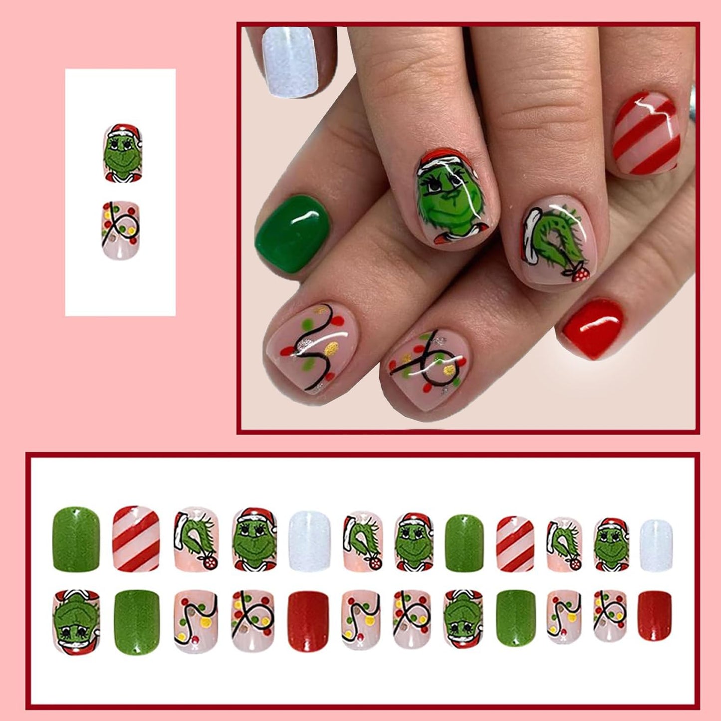 Christmas Press on Nails Short Fake Nails Cute Cartoon Grinchs Stick on Nails False Nails with Designs Acrylic Nails Winter Xmas Glue on Nails Full Cover Holiday Artificial Nails for Women