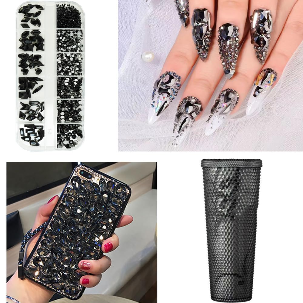 1350Pcs Black Rhinestones for Nails, 60Pcs Big Black Nails Charms with Small Sequined Flatback Round Beads, Black Glitter Clear Glass Diamond Stones for DIY Faces Eyes Makeup Crafts Decoration