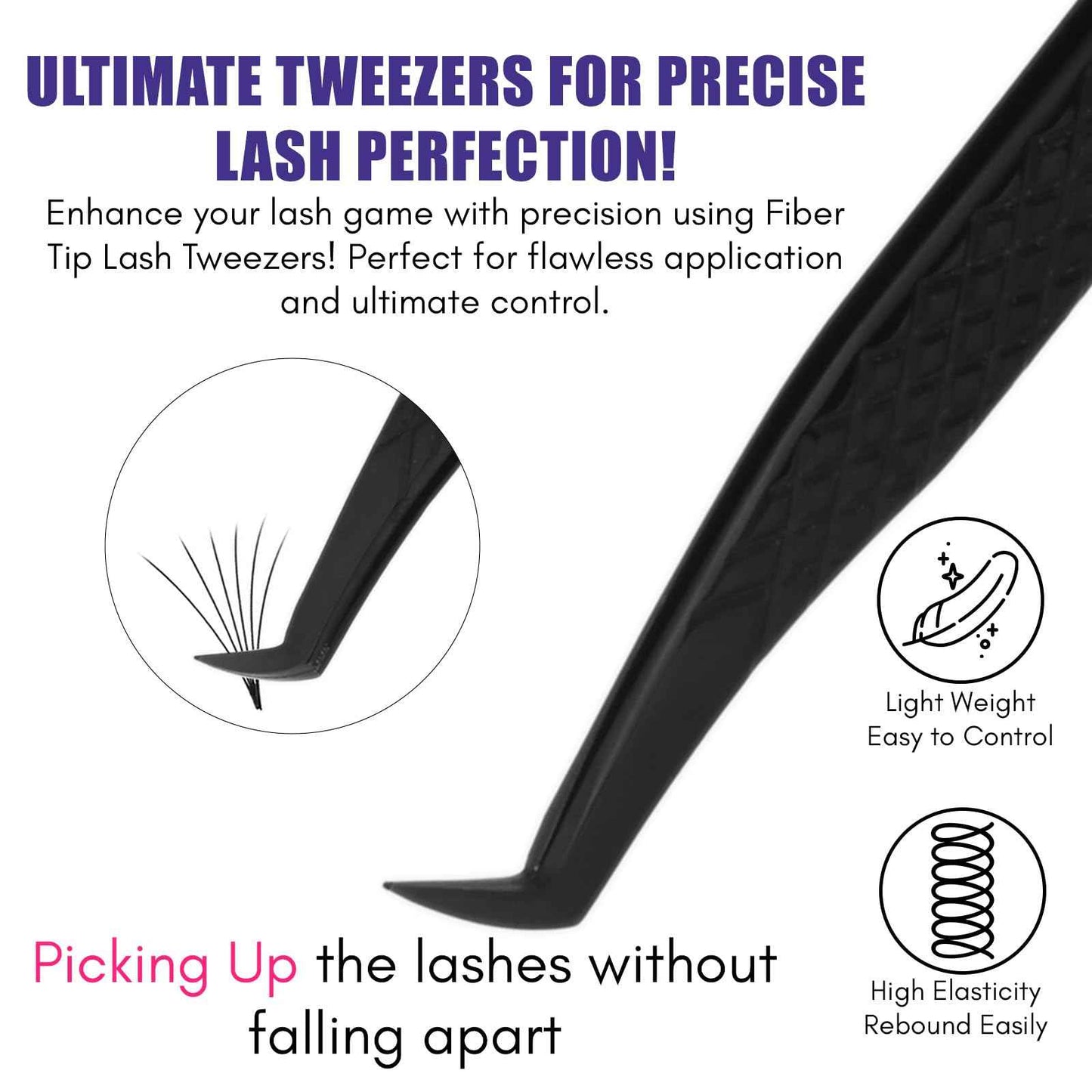Fiber Tip Mega Boot Volume Lash Tweezer – Professional Eyelash Extension Tool, Diamond Grip, Non Slip, Stainless Steel Tweezers for Volume Fans, Classic, and Mega Volume Lash Applications (Black)