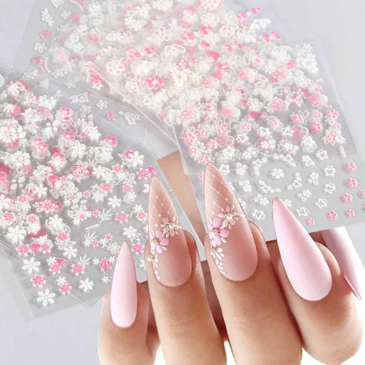 Flower Nail Art Stickers 3D Self Adhesive Pink White Nail Designs Nail Decals Nail Stickers Nail Art Supplies Pink Flower White Flower Nail Stickers for Nail Decorations Manicure Tips 30 Sheets