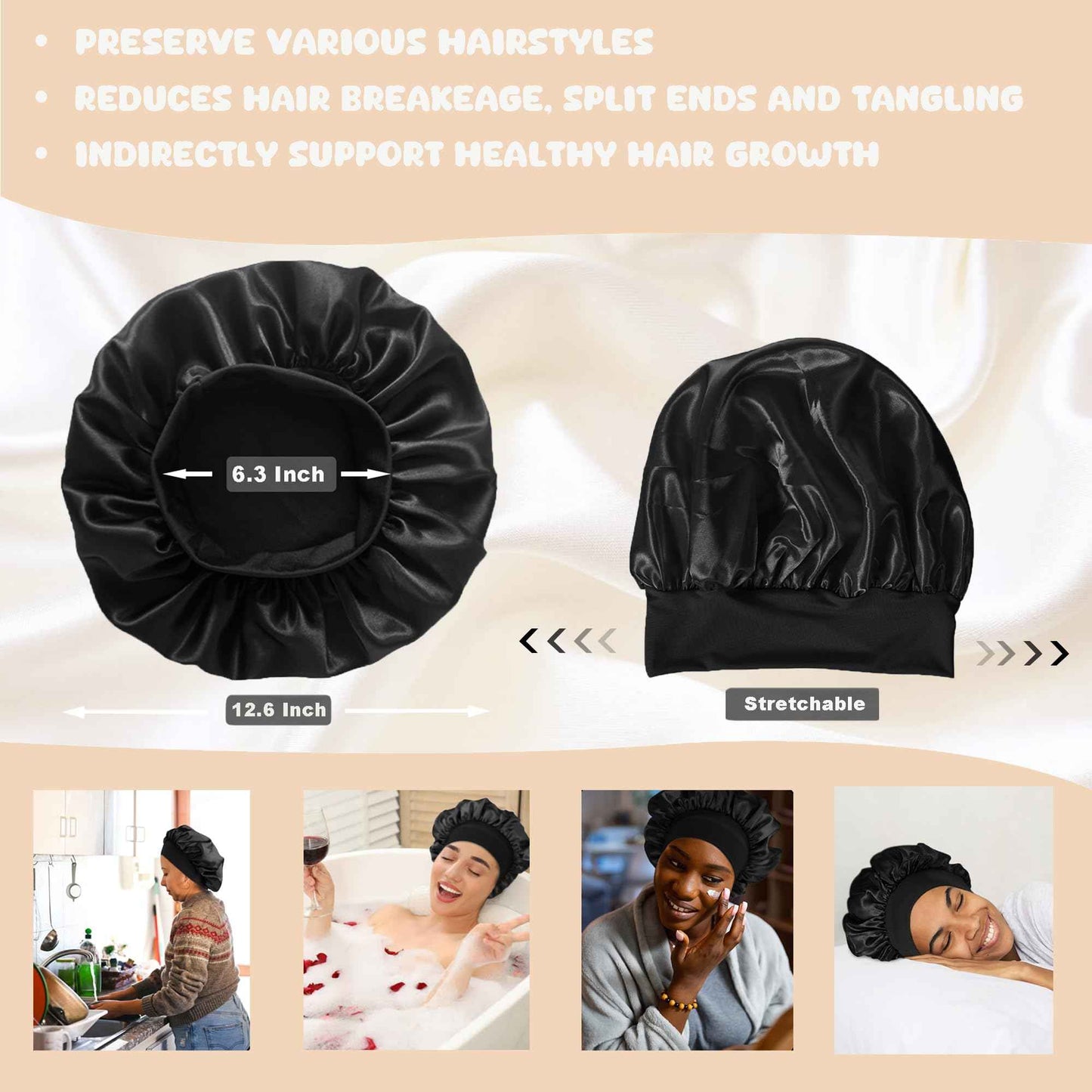 12 Pieces Satin Bonnet Hat For Women Sleeping Shower Caps Curly Hair Silky Bonnet Hair Wrap (Black)