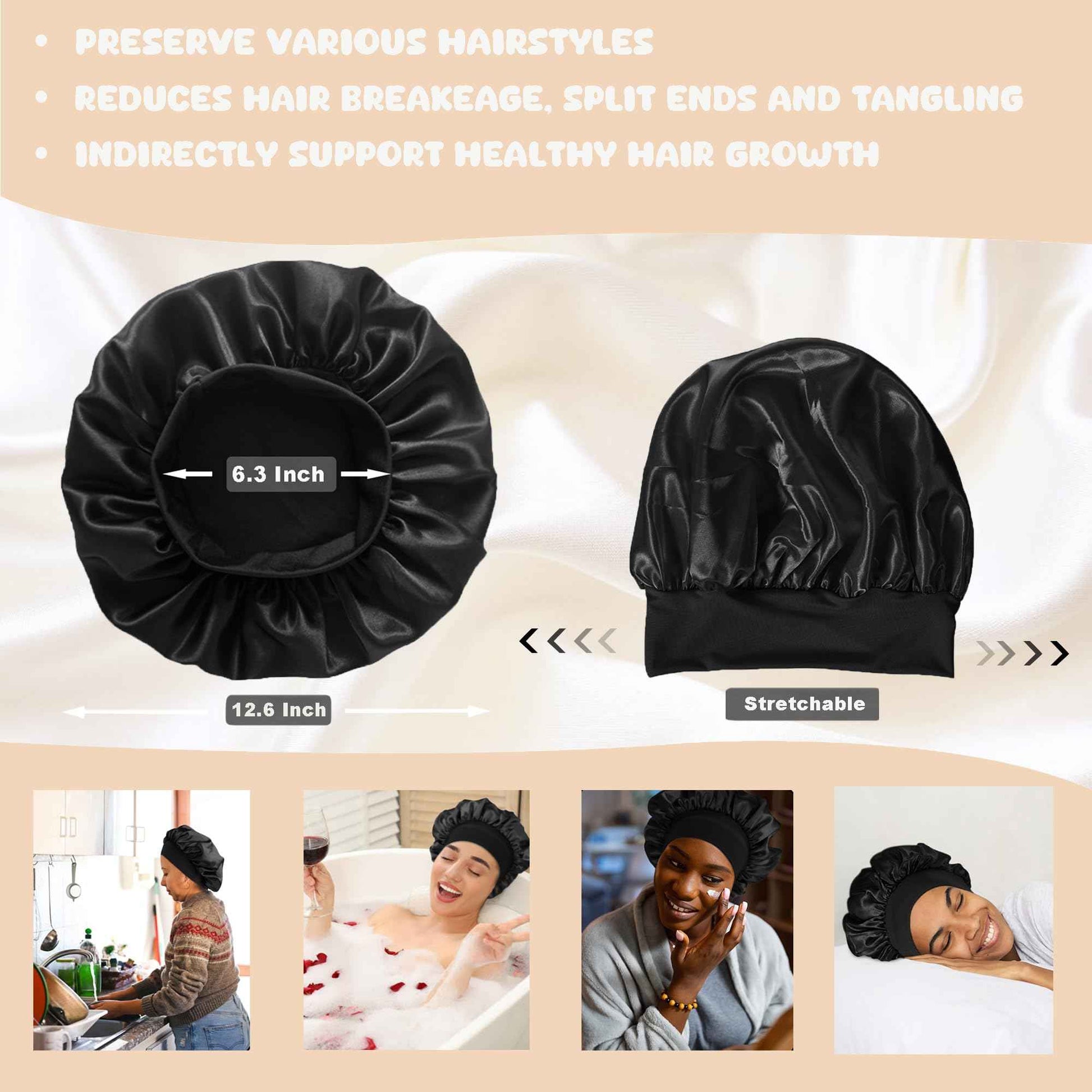 12 Pieces Satin Bonnet Hat For Women Sleeping Shower Caps Curly Hair Silky Bonnet Hair Wrap (Black)