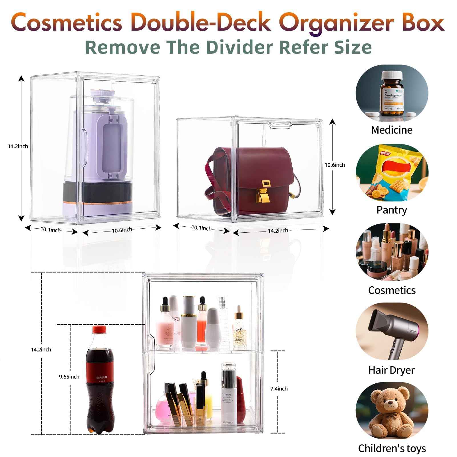 starogegc 2Pack Makeup Organizer Storage, Large Capactiy Acrylic Bathroom Organizer, Clear Cosmetics Organizer Bins with Division Board for Vanity, Skincare, Countertop Storage and Display Case