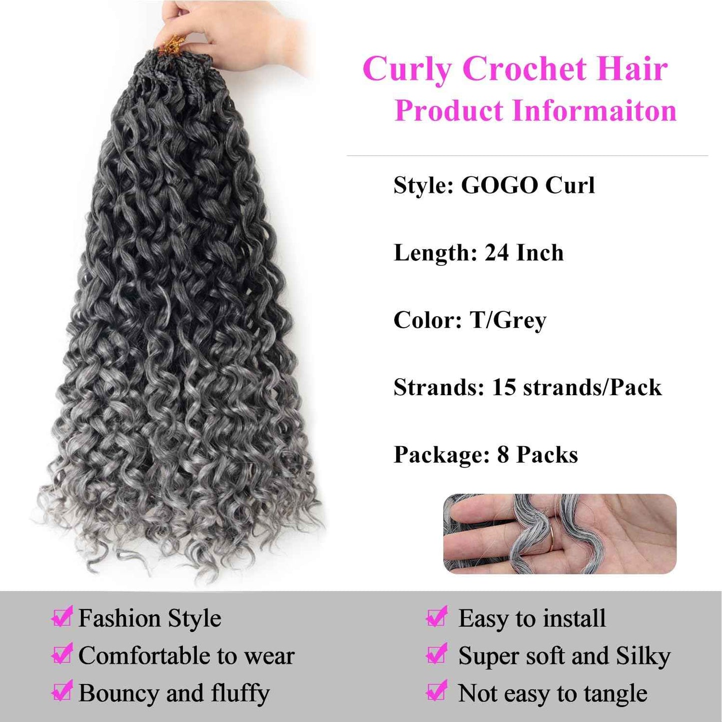 XSASLYET 24 Inch Crochet Hair for Black Women - Natural Look Deep/Water/Ocean Wave, Tangle Free Gogo Curl, Lightweight Pre Looped Curly Braids, Long Use, Easy Install, Daily Wear(8 Packs, T/Grey)