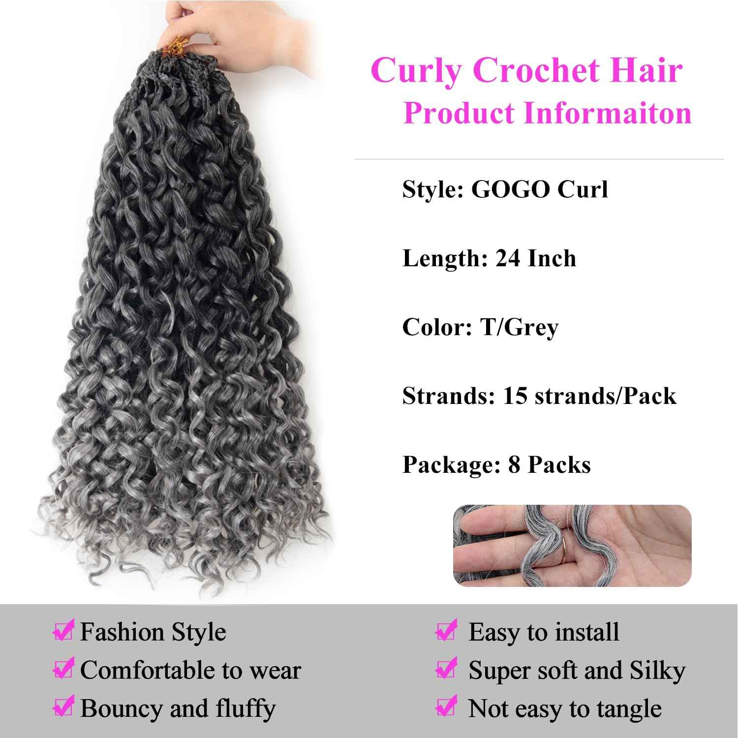 XSASLYET 24 Inch Crochet Hair for Black Women - Natural Look Deep/Water/Ocean Wave, Tangle Free Gogo Curl, Lightweight Pre Looped Curly Braids, Long Use, Easy Install, Daily Wear(8 Packs, T/Grey)