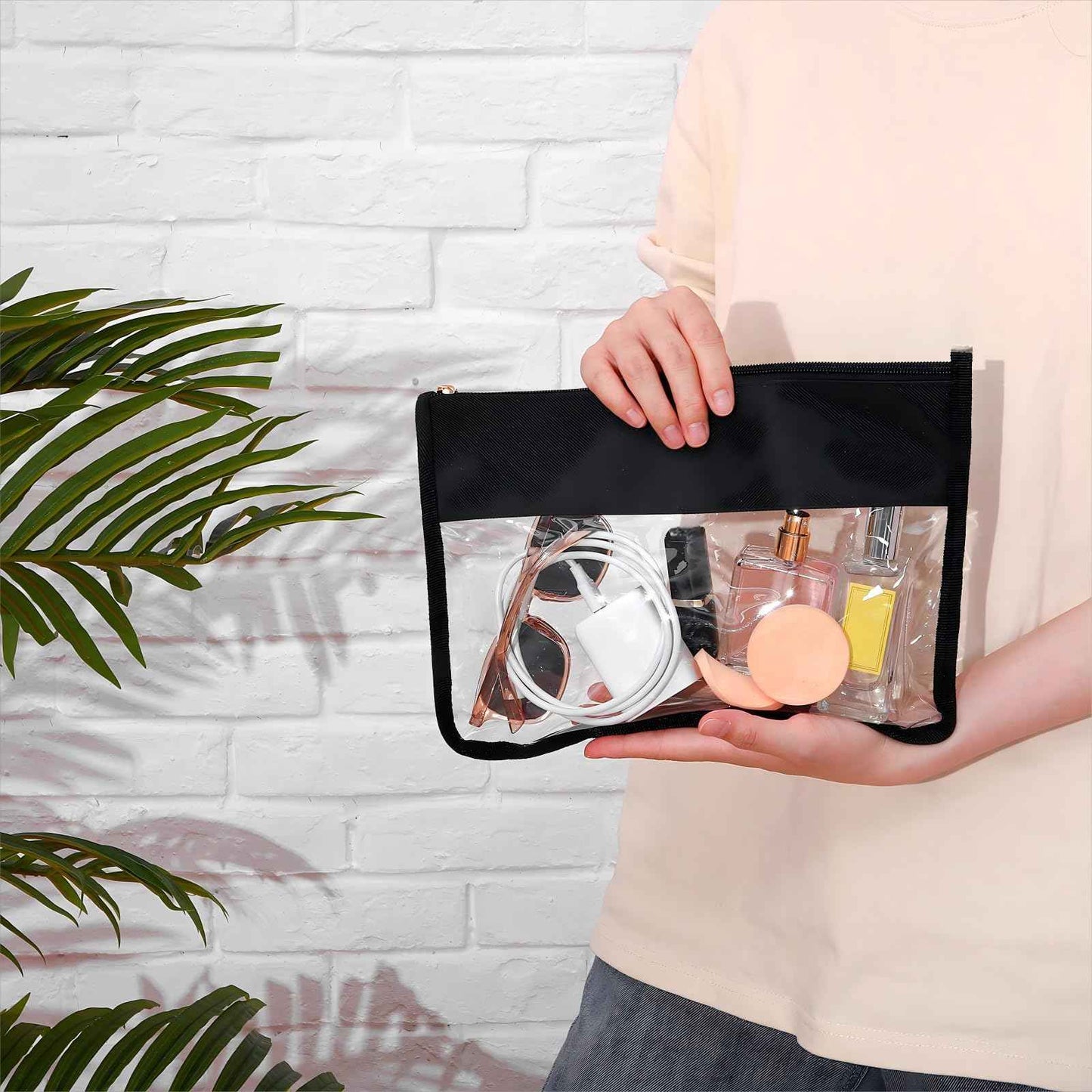 Teling 8 Pieces Clear Makeup Bags DIY Chenille Letter Pouch Clear Zipper Pouches Travel PVC Oxford Cloth Cosmetic Portable Waterproof Makeup Storage Bag Toiletry Snack Organizer for Women Girls, Black