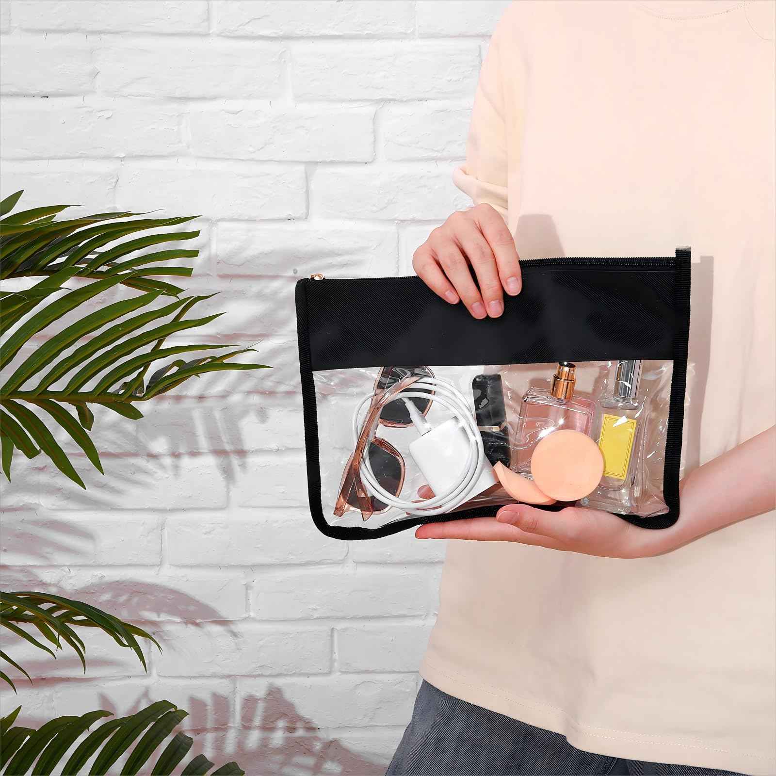 Teling 8 Pieces Clear Makeup Bags DIY Chenille Letter Pouch Clear Zipper Pouches Travel PVC Oxford Cloth Cosmetic Portable Waterproof Makeup Storage Bag Toiletry Snack Organizer for Women Girls, Black