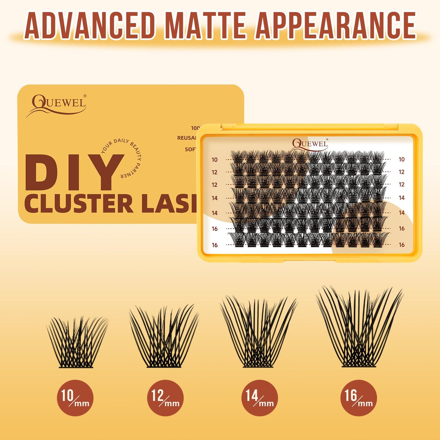 QUEWEL Lash Clusters MIX 10-16mm Cluster Lashes Eyelash Clusters Soft and Lightweight Barely Feel Lash Cluster Presence Suitable for Complete Beginners' DIY Lash Extensions at Home. (MIX 10-16-FDB-03)