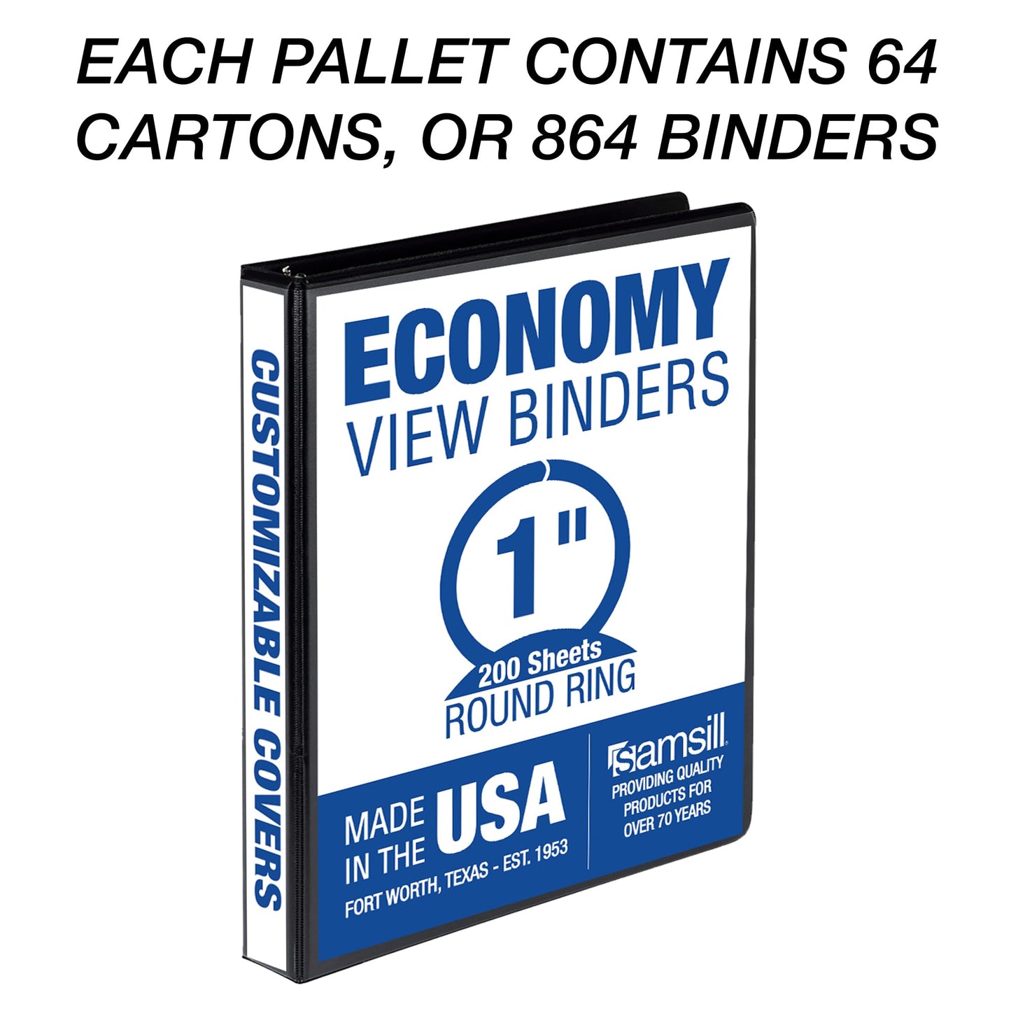 Samsill Economy 1 Inch 3 Ring Binder Bulk Pallet, Made in The USA, Round Ring Binder, Customizable Clear View Cover, Black, Pallet of 864 Binders in 64 Cartons