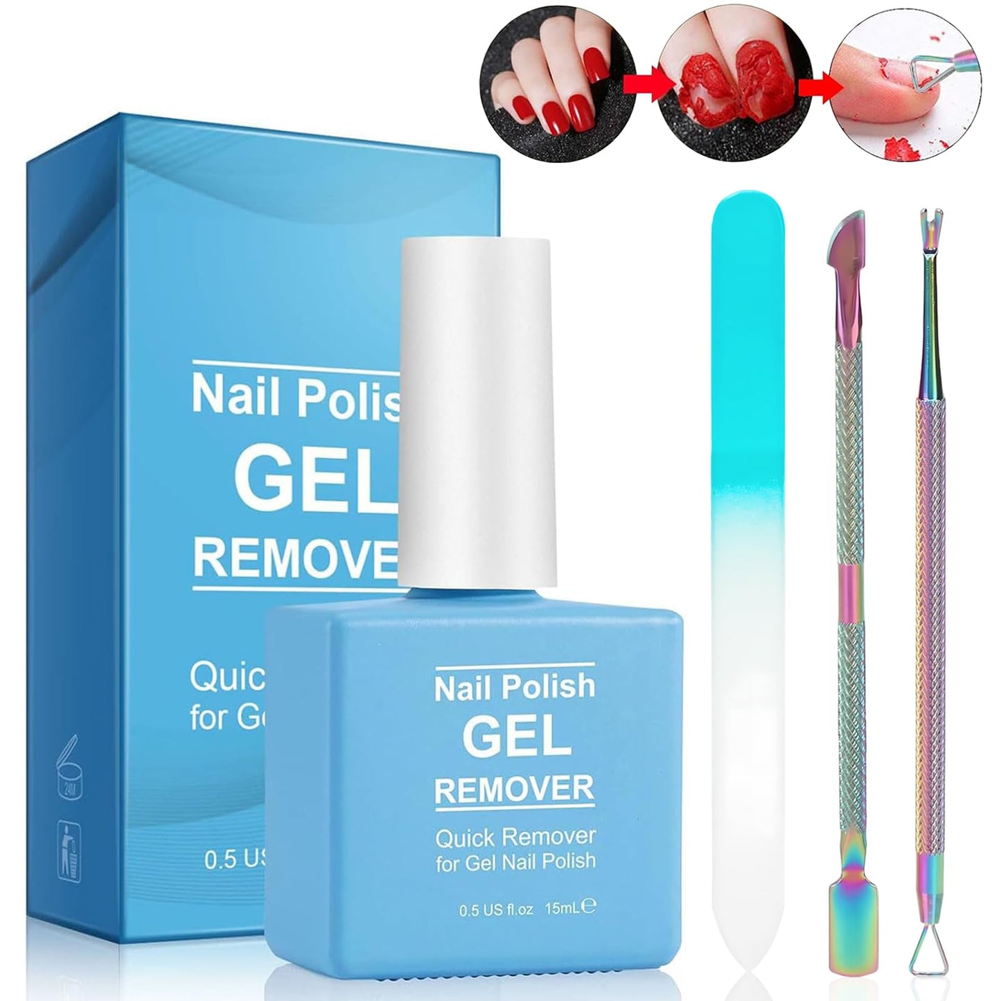 Nail Polish Remover Kit Includes 1 Pack Gel Remover For Nails, 2 Pcs Cuticle Pusher, 1 Pcs Glass Nail File, Easily & Quickly Gel Polish Remover(Basic Set 1#)