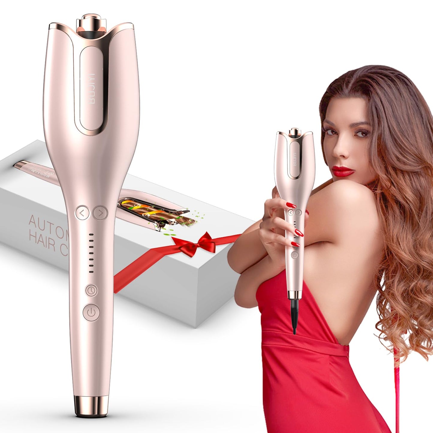 BUJIYI Automatic Hair Curler, Curling Iron 1 inch Large Rotating Barrel, 4 Temperature Options and 15 Seconds Fast Heating, Suitable for 6-25 inch Long Hair (Gold)