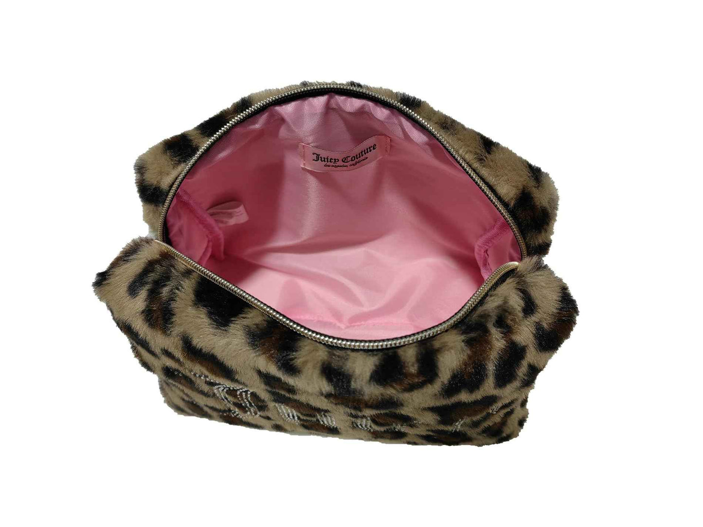 Juicy Couture Brown Makeup Bag Cosmetics Organizer Travel Essentials Zip Top Wedge Leopard Print Faux Fur Rhinestone