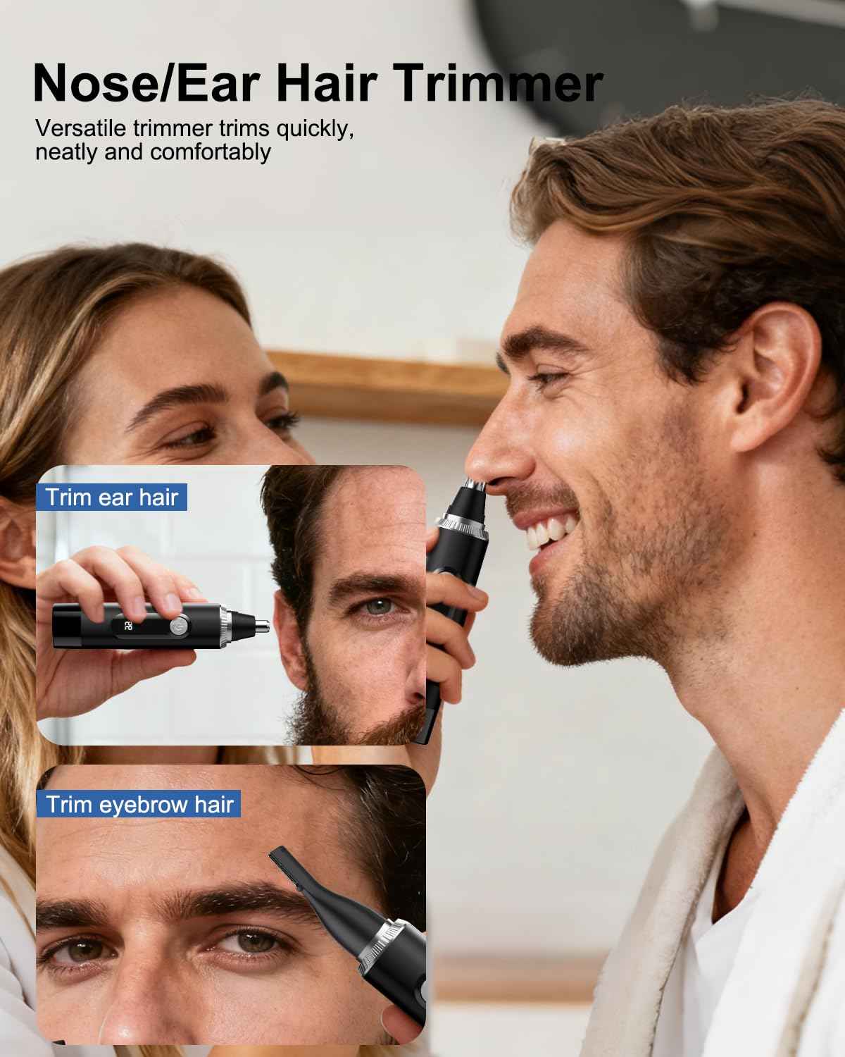 RAXMETRY Nose Hair Trimmer for Men and Women,2025 Professional Painless IPX7 Waterproof Eyebrow & Facial Hair Trimmer,USB Rechargeable with LED Display Dual-Edge Blades for Smoother Cutting,Silver