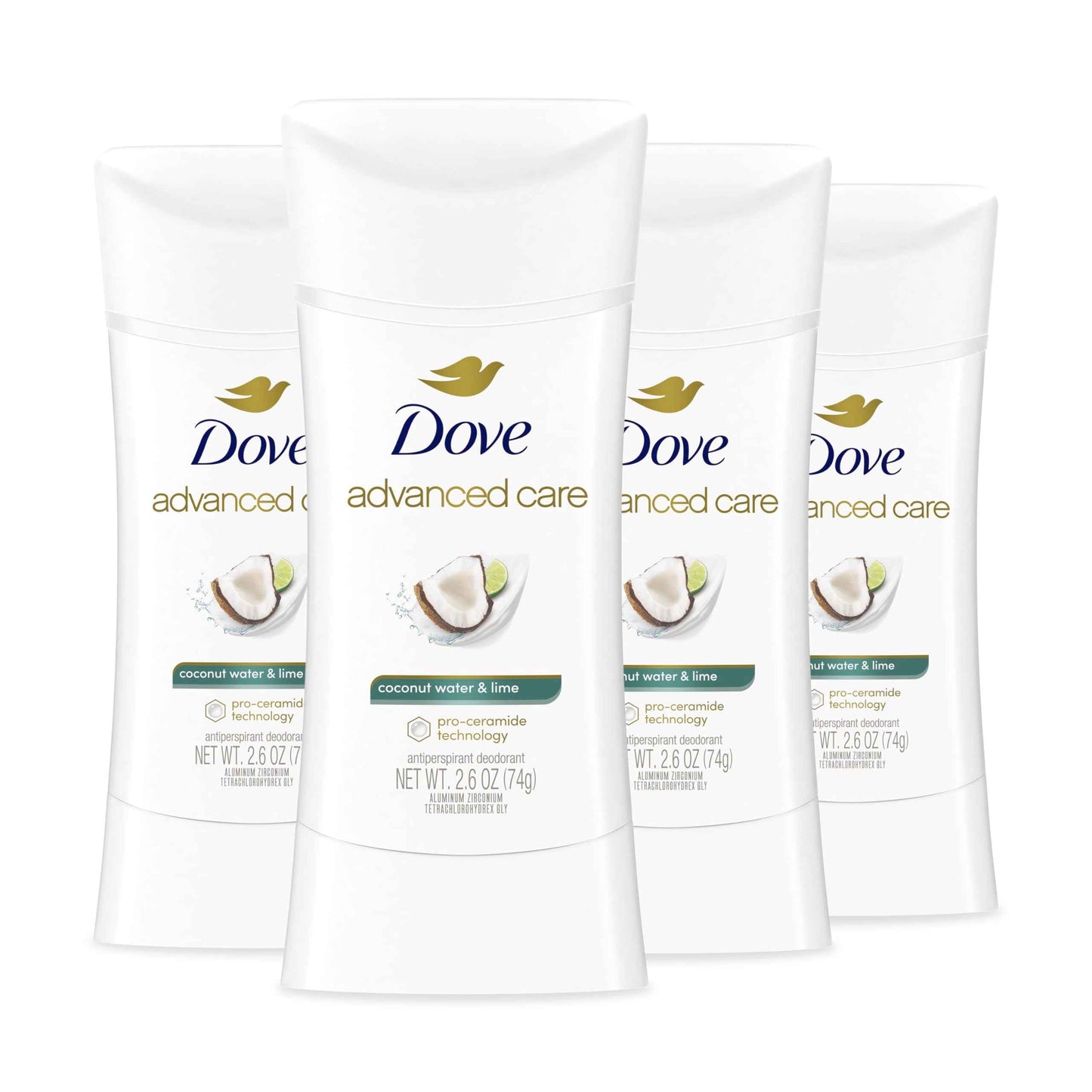 Dove Advanced Care Antiperspirant Deodorant Stick Coconut Water & Lime scent 4 Ct for helping skin barrier repair after shaving 72H odor control & all-day sweat protection for soft underarms 2.6 oz