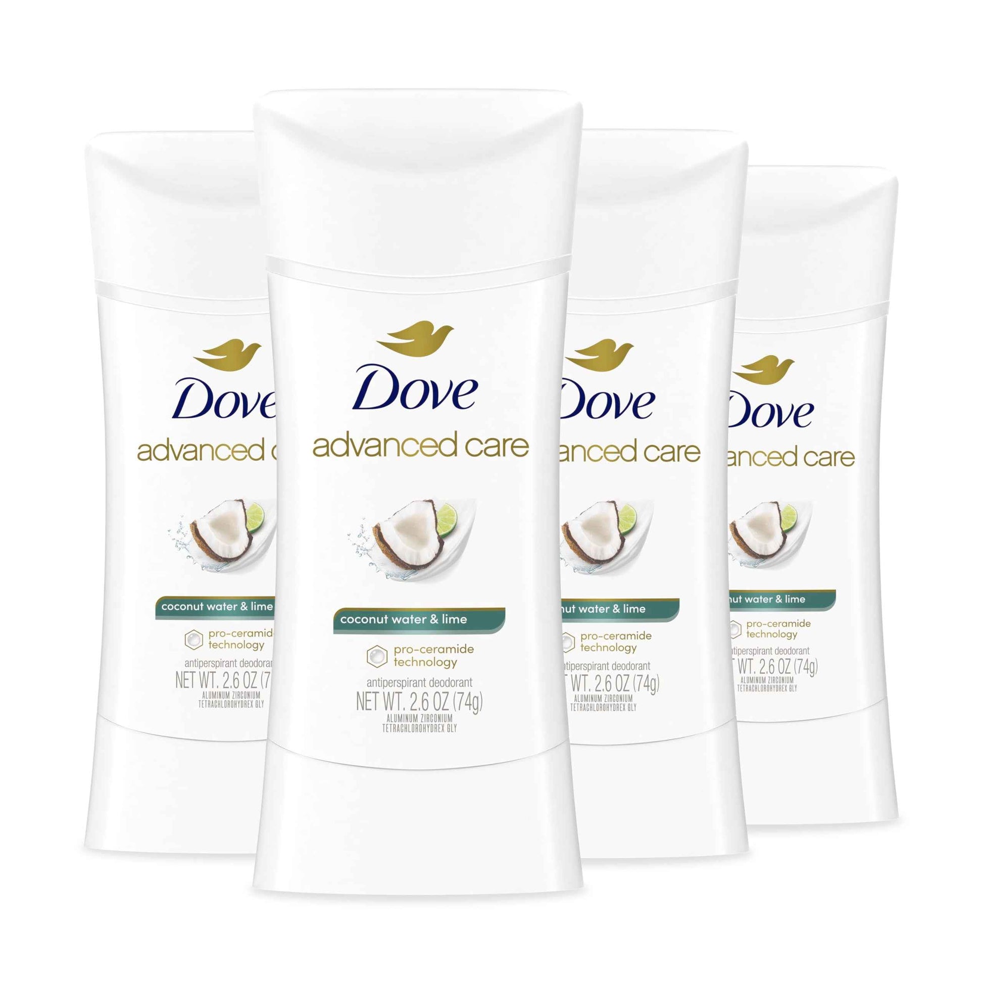 Dove Advanced Care Antiperspirant Deodorant Stick Coconut Water & Lime scent 4 Ct for helping skin barrier repair after shaving 72H odor control & all-day sweat protection for soft underarms 2.6 oz