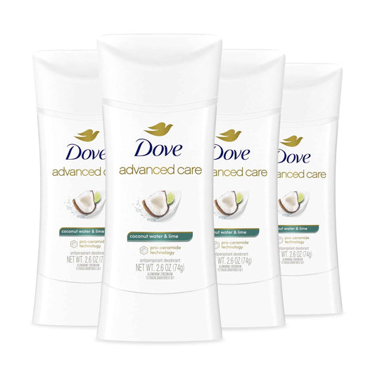 Dove Advanced Care Antiperspirant Deodorant Stick Coconut Water & Lime scent 4 Ct for helping skin barrier repair after shaving 72H odor control & all-day sweat protection for soft underarms 2.6 oz