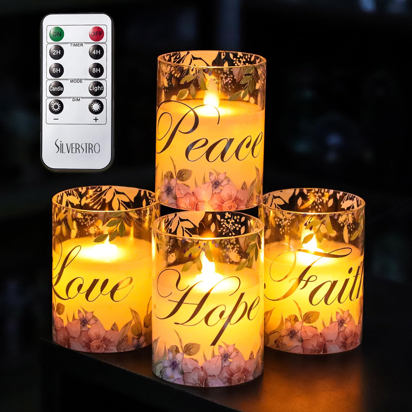 Silverstro Flameless Candles Glass Flickering Real Wax Floral LED Candles with Remote - Home Party Room Botanical Christmas Fall Decor Set of 4