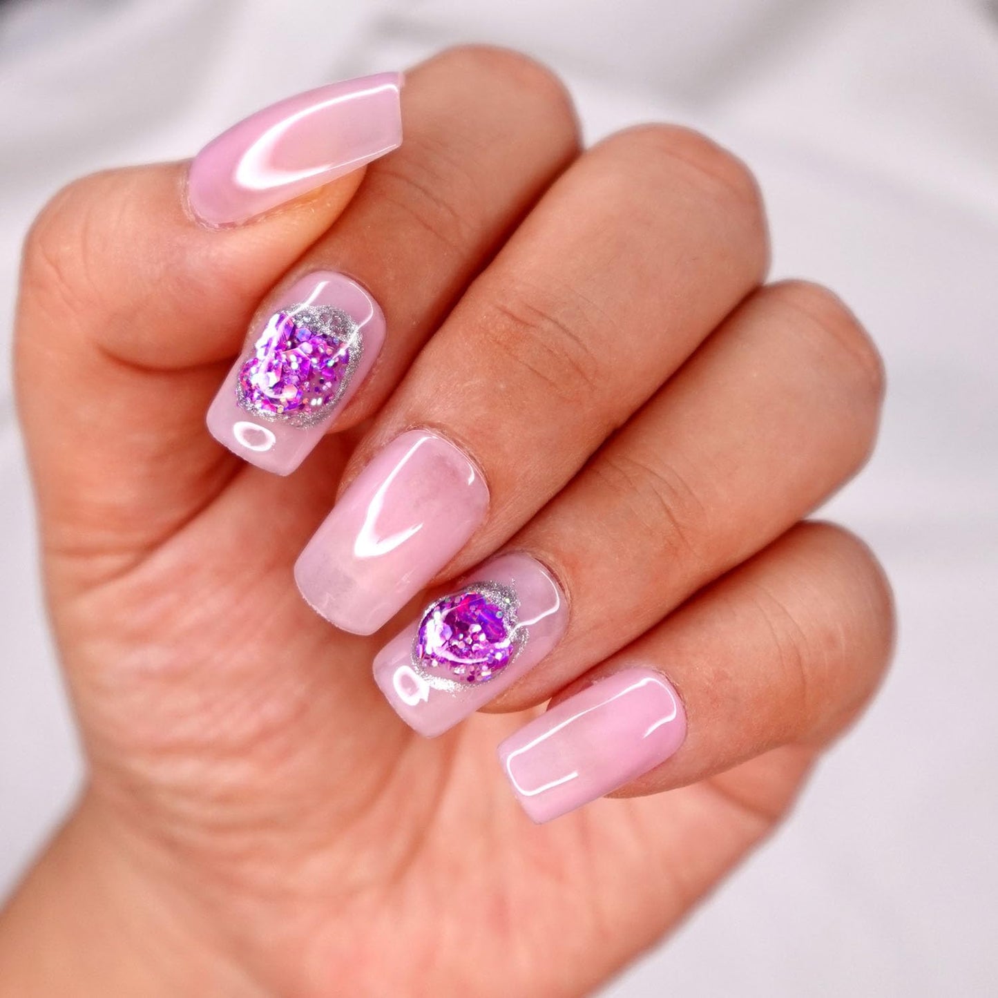 10 Pcs Handmade Press on Nails (Small, Pink Lake - Jelly Pink with Light Purple Gem Design/Short Square) A122S