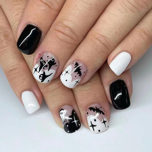 Halloween Press on Nails Short Square Halloween Fake Nails with Ghost Bats Design Black White French Tips False Nails Glossy Glue on Nails Cute Halloween Acrylic Stick on Nails for Women 24Pcs