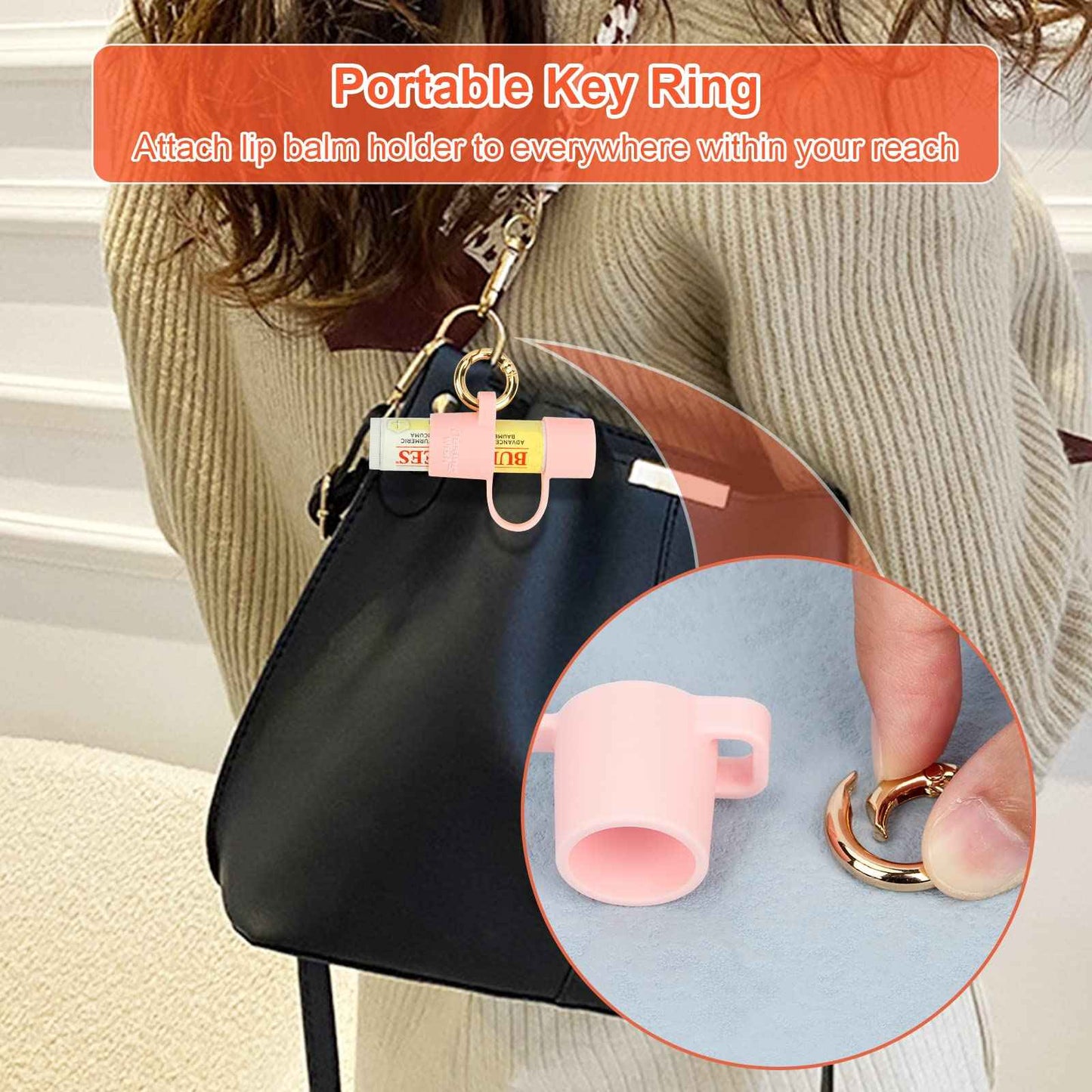 Desing Wish Silicone Chapstick Holder with Cap Cover, 0.6'' Diameter Portable Lip Balm Holder Key Chain Sleeve Chapstick Keychain Holder with Wrist Strap Lanyard - Pink