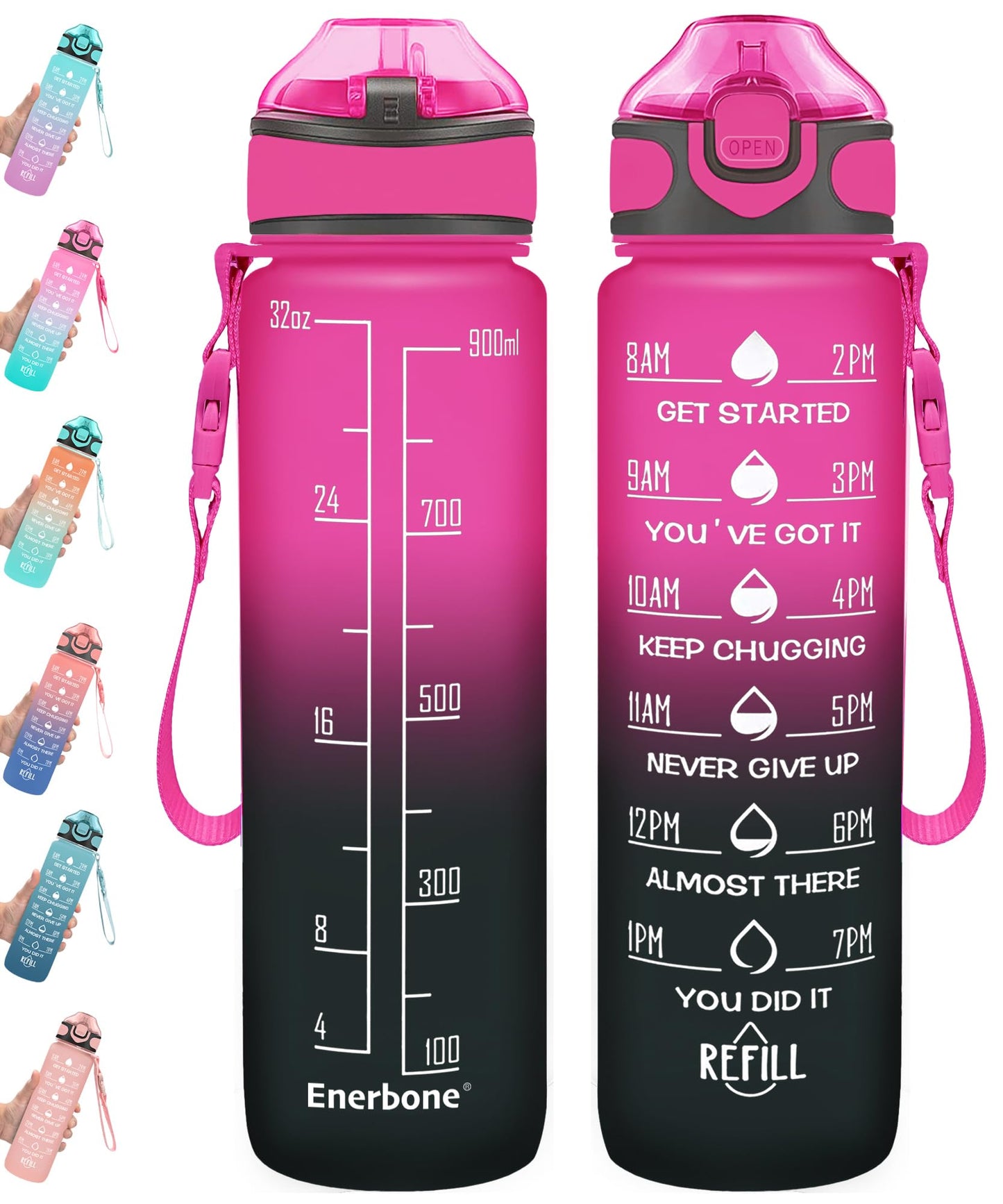 Enerbone 32 oz Drinking Water Bottle with Times to Drink and Straw, Motivational with Carrying Strap, Leakproof BPA & Toxic Free, Ensure You Drink Enough Water for Fitness Gym Outdoor