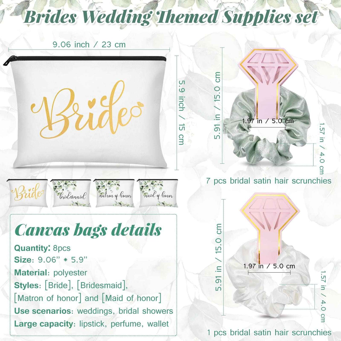 24 Pieces Bridesmaid Proposal Gifts Wedding Makeup Bag Gift Set Includes 8 Bridesmaid Makeup Bags 8 Satin Hair Scrunchies 8 Bridesmaid Compact Mirrors(Green Leaves)