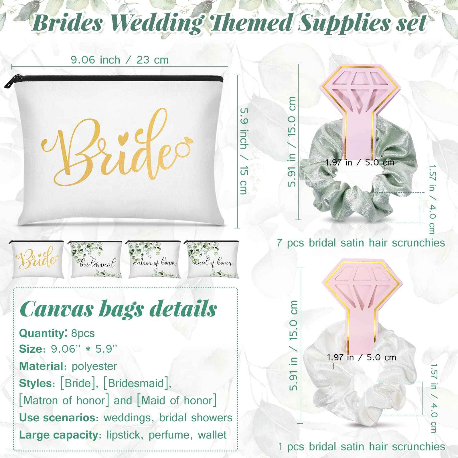 24 Pieces Bridesmaid Proposal Gifts Wedding Makeup Bag Gift Set Includes 8 Bridesmaid Makeup Bags 8 Satin Hair Scrunchies 8 Bridesmaid Compact Mirrors(Green Leaves)