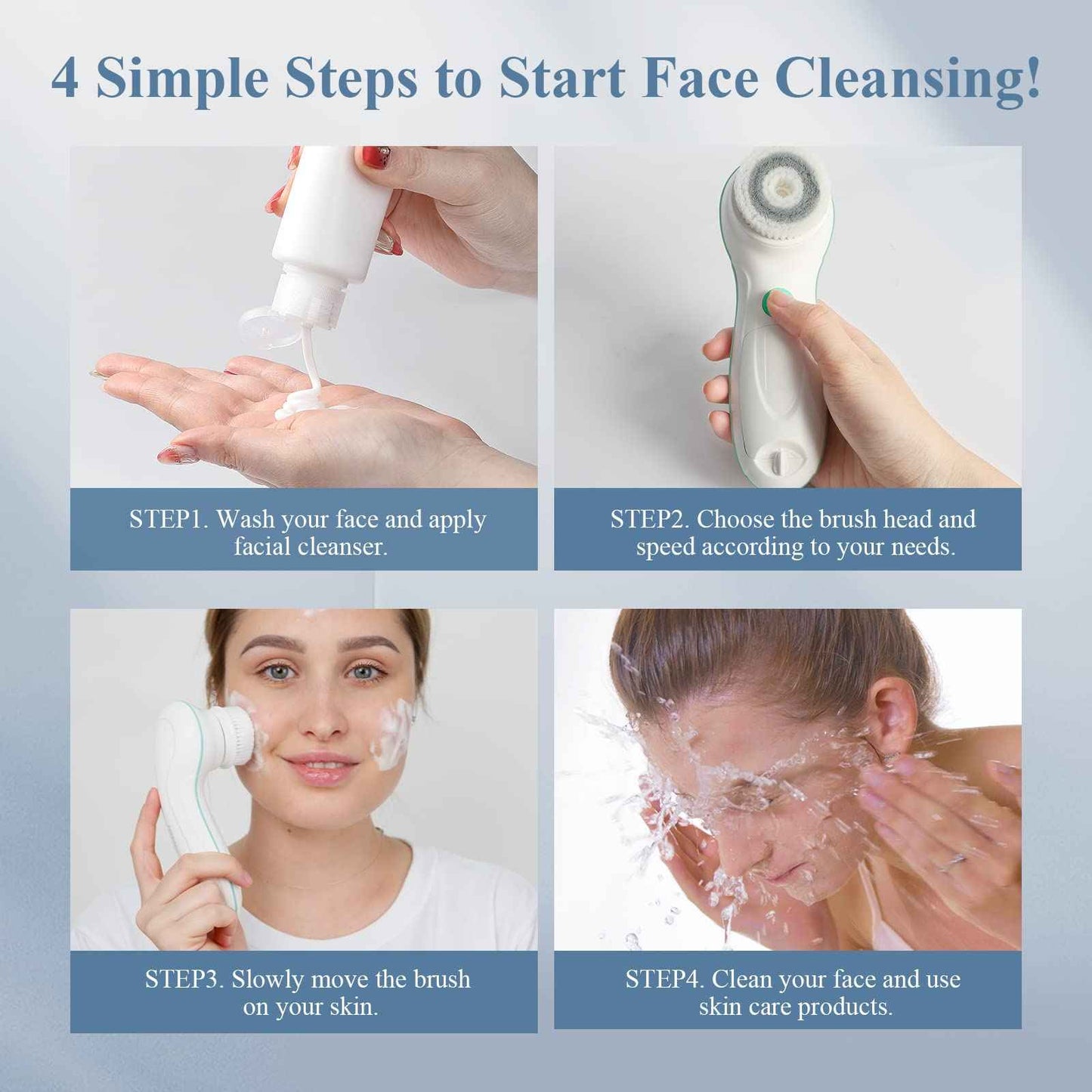 TOUCHBeauty Facial Cleansing Brush Electric, Face Cleansing Brush with Stand, 3 Brush Heads, 2 Speeds, IPX5 Waterproof, Battery-Powered, Suitable for All Skin Types, TB-0759D